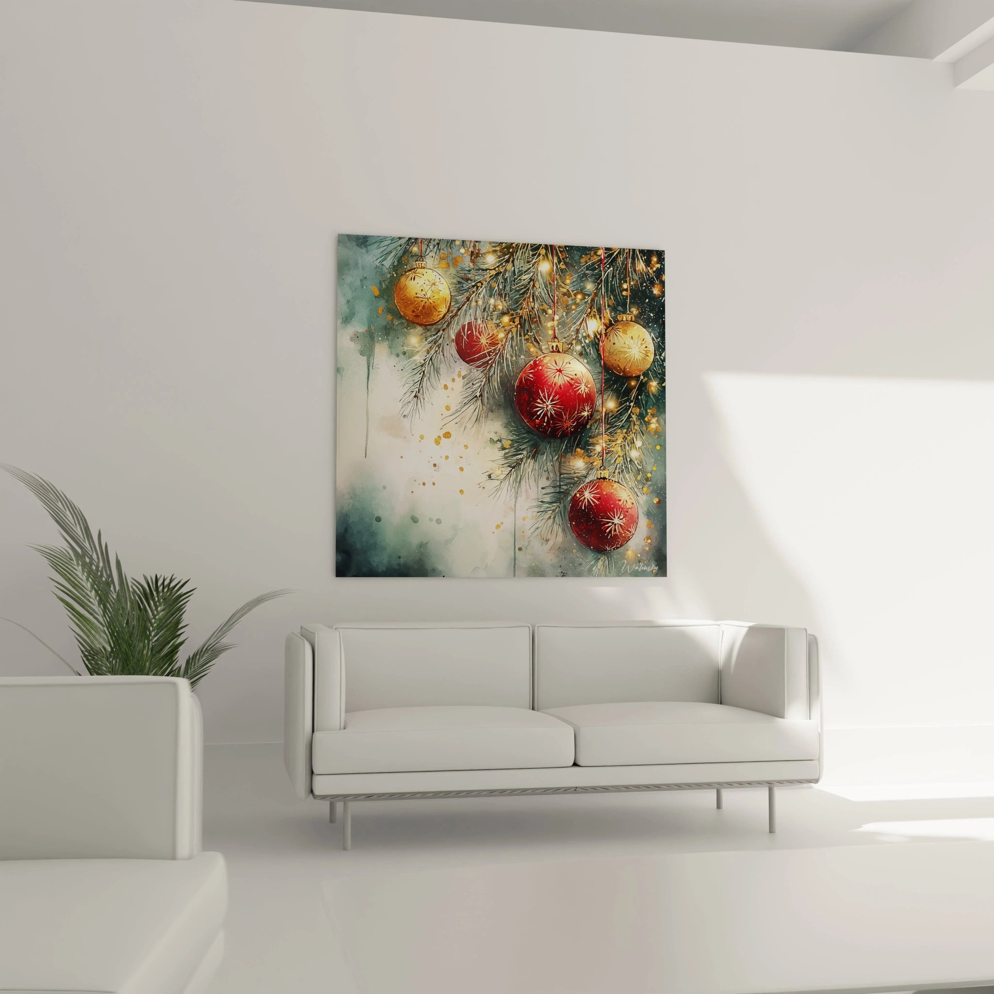 Tableau déco boules de Noël colorées avec une ambiance festive sur un mur blanc