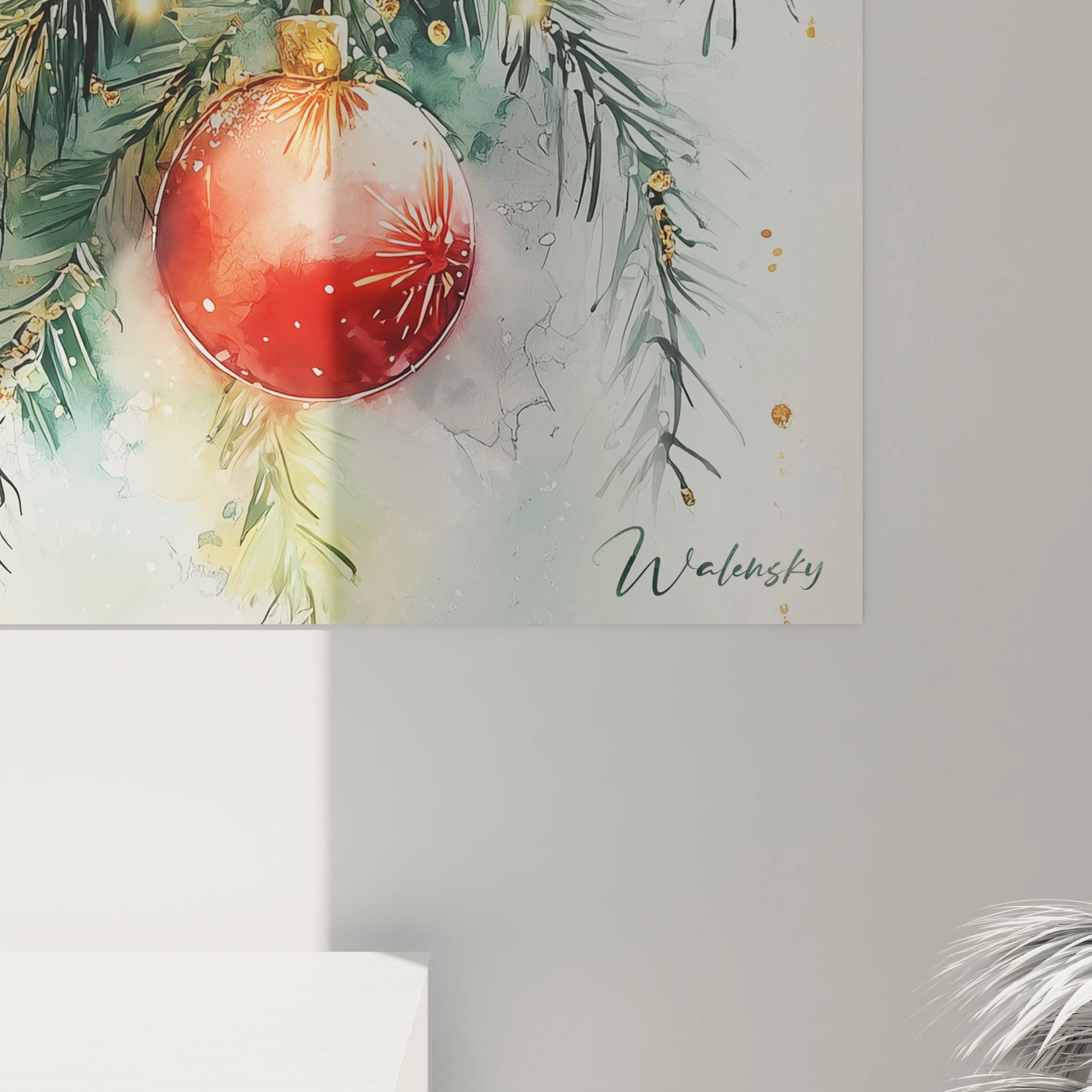 Tableau décoration Noël avec une boule rouge et des éléments festifs, signé Walensky