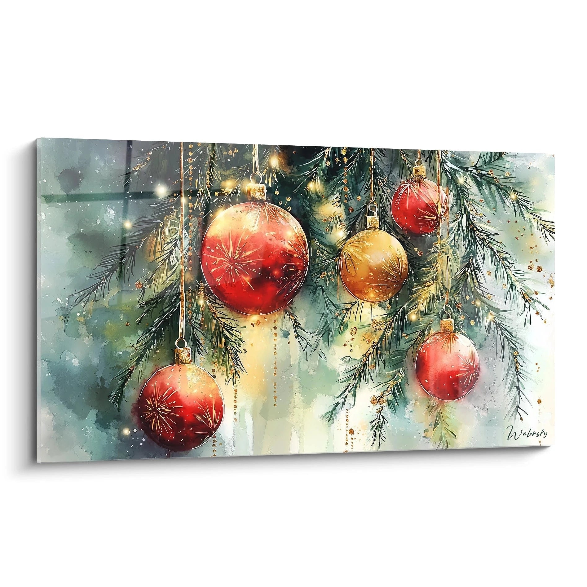 Tableau décoration Noël avec des boules rouges et dorées suspendues parmi des feuillages verts