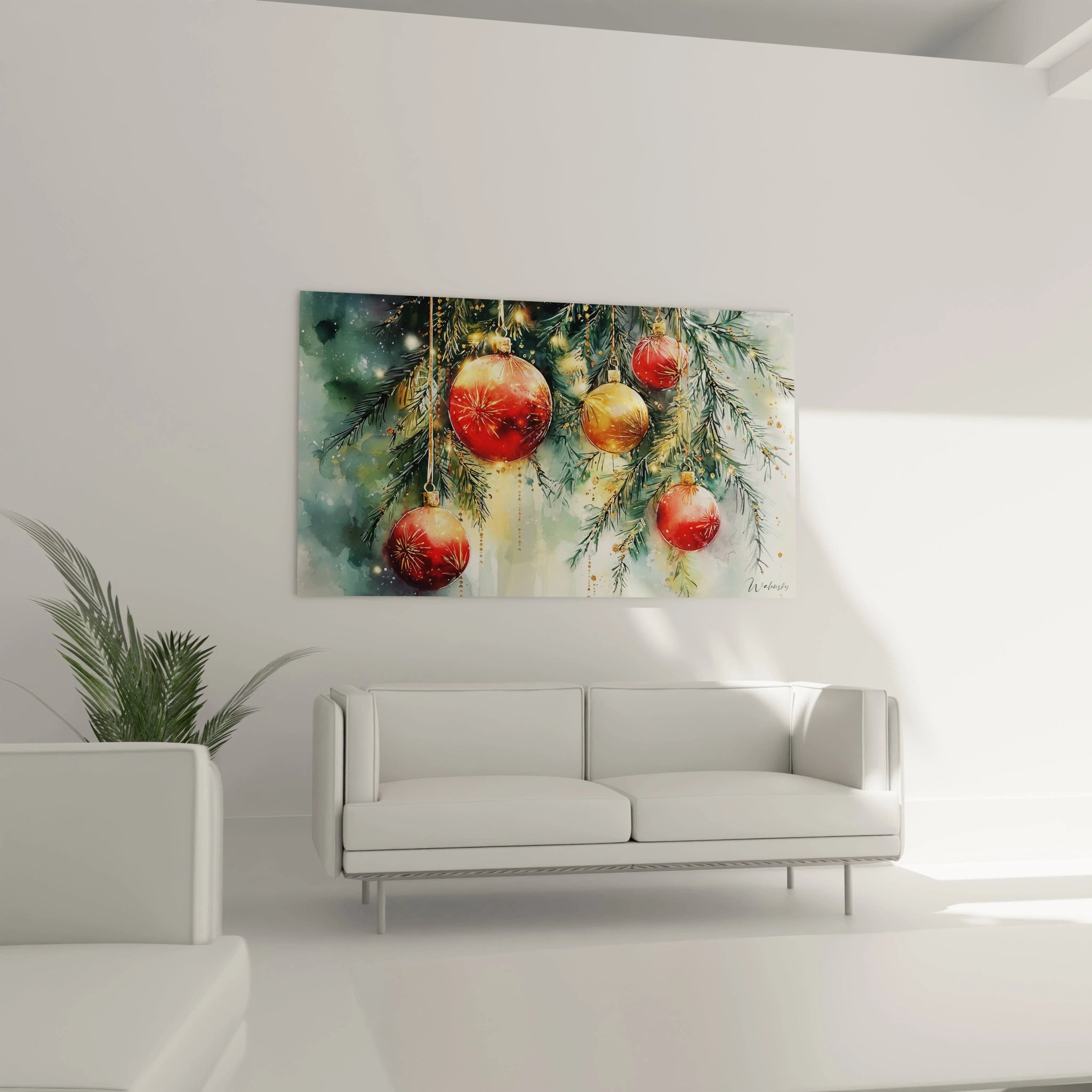 Tableau décoration Noël avec des ornements rouges suspendus sur un fond hivernal apaisant