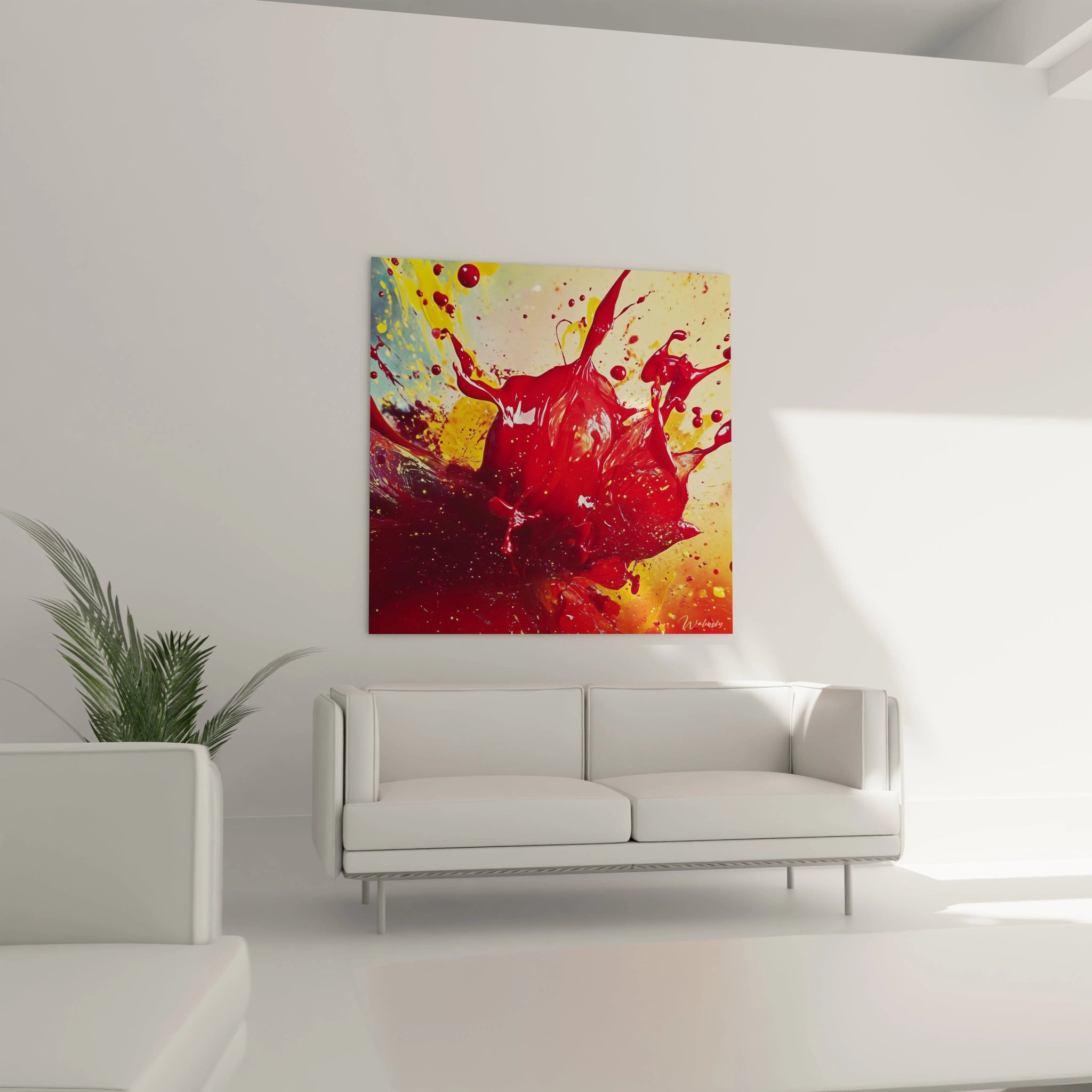 Tableau expressionniste abstrait de Walensky avec des éclaboussures rouges et jaunes en arrière-plan lumineux
