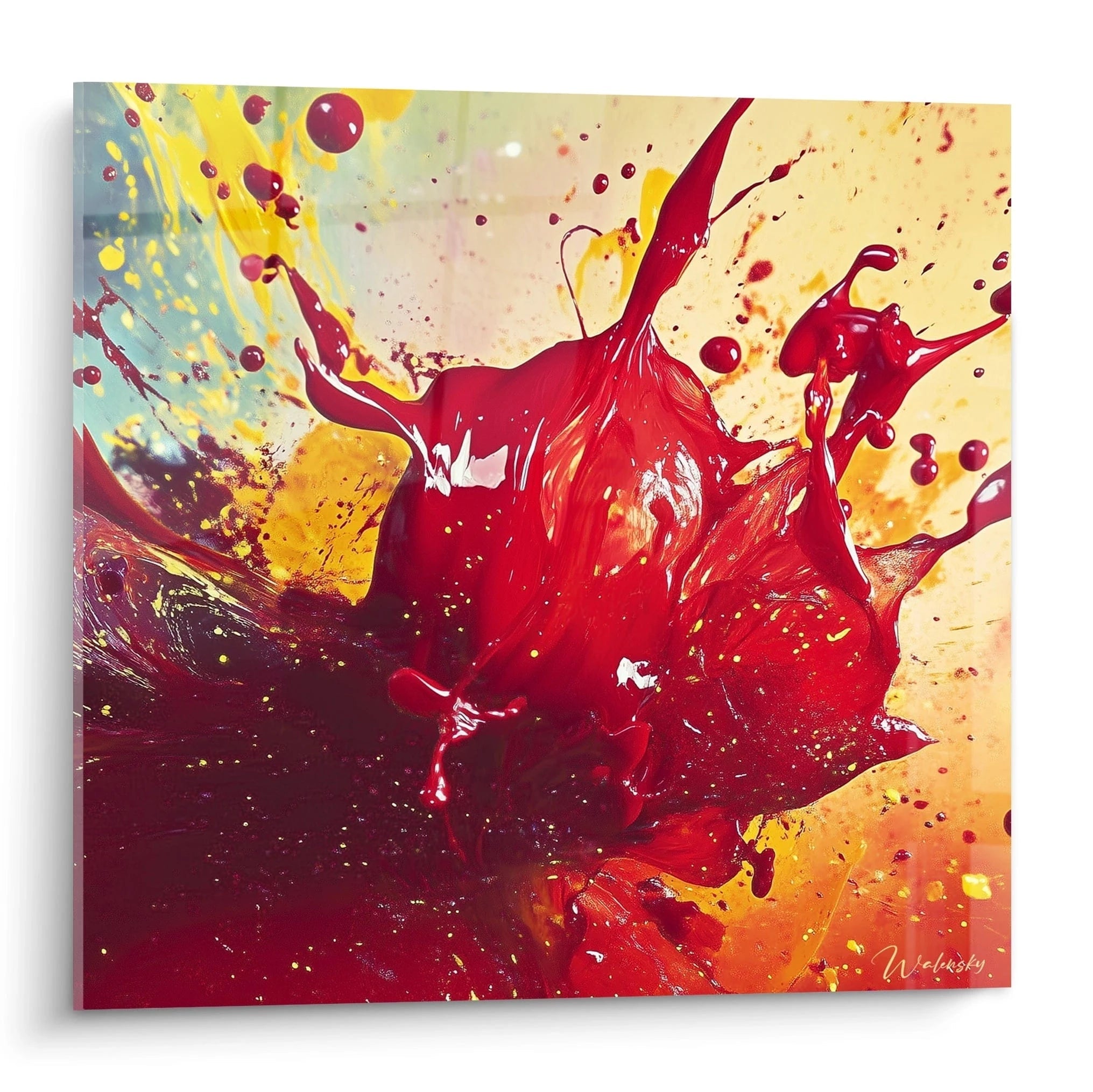 Tableau expressionniste abstrait avec éclaboussures de rouge et jaune de l'artiste Walensky