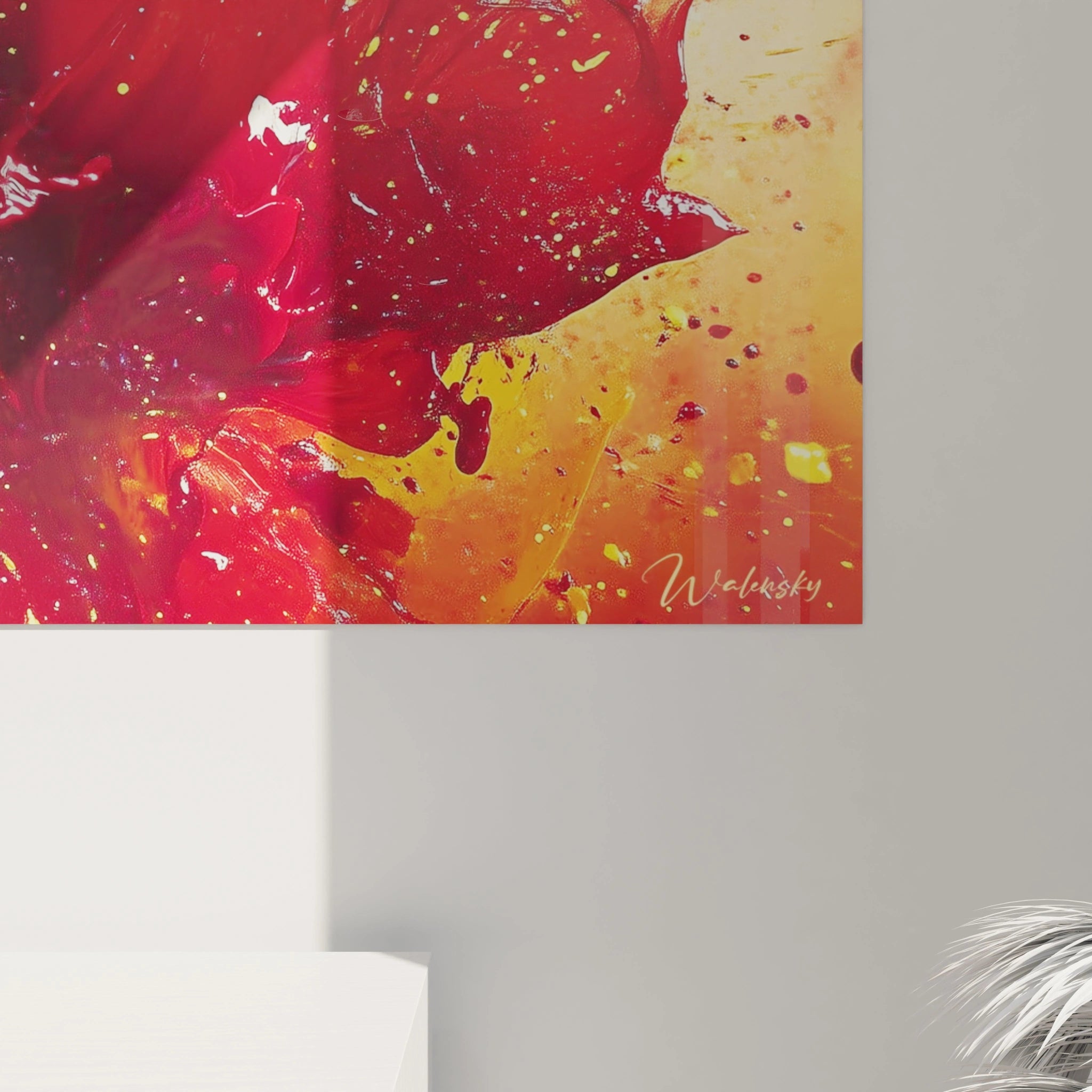 Tableau expressionniste abstrait de Walensky avec des éclaboussures de rouge et jaune vif