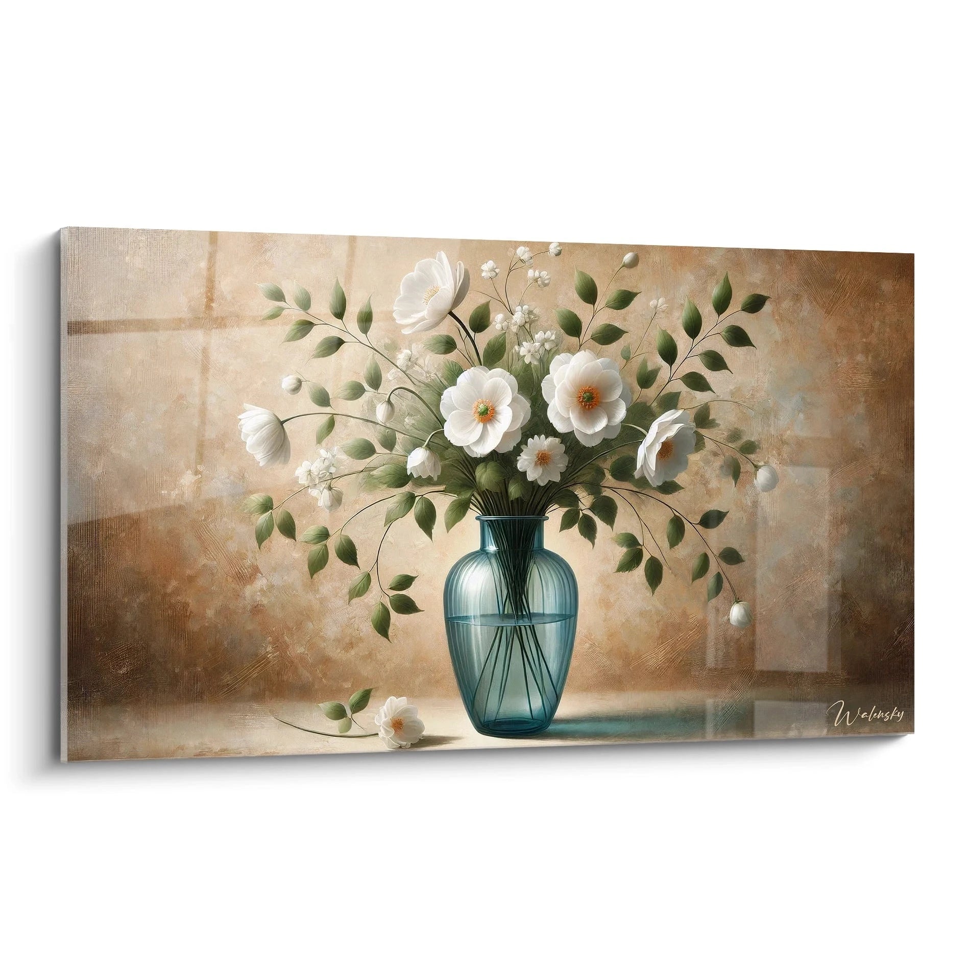 Tableau Fleur vue de biais qui capture la beauté des fleurs blanches délicates. Atmosphère paisible et méditative avec un contraste harmonieux entre le vert des feuilles et le bleu du vase.