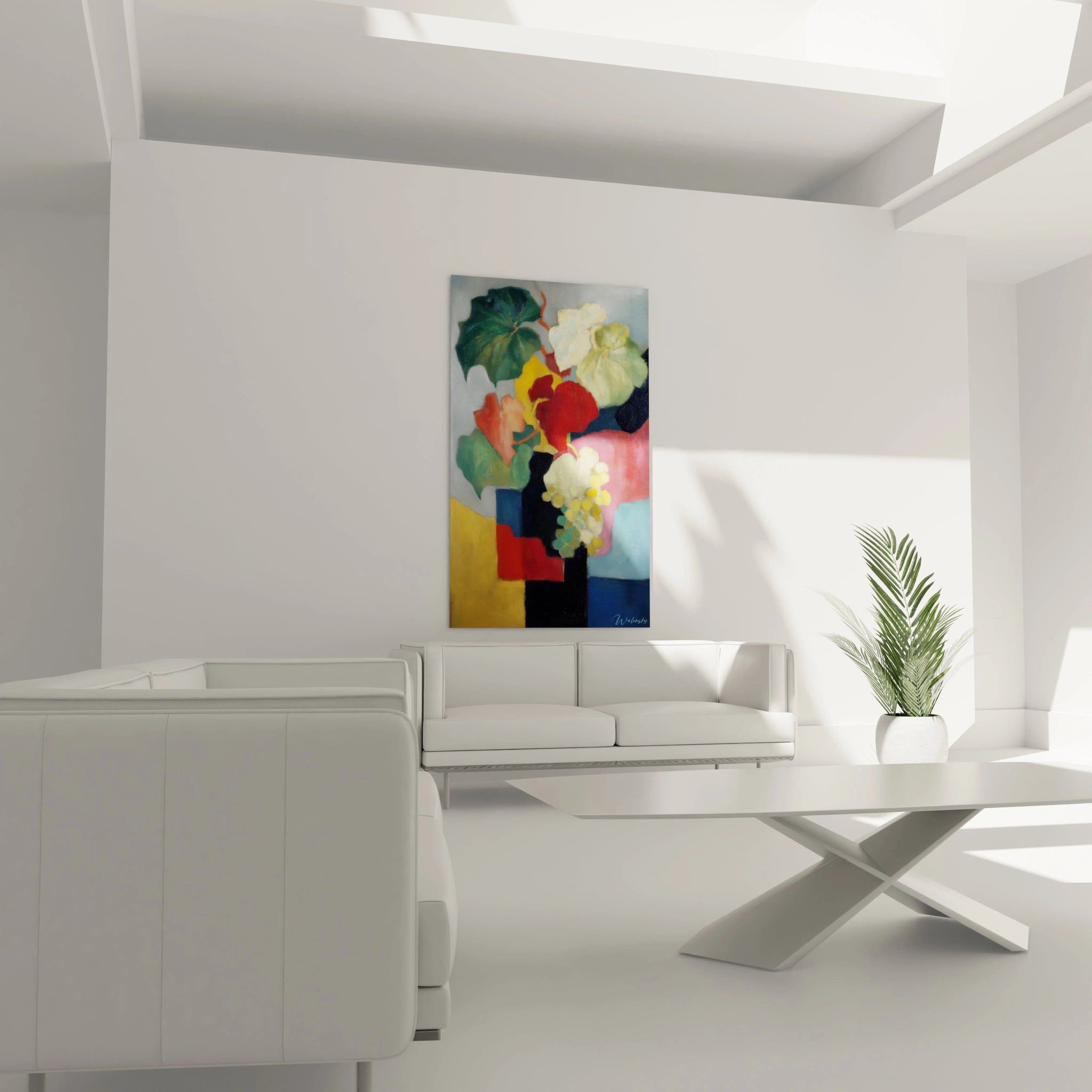Tableau mural Walensky montrant un bouquet abstrait colore tableau bouquet dadaïsme moderne accroche au dessus du canape blanc