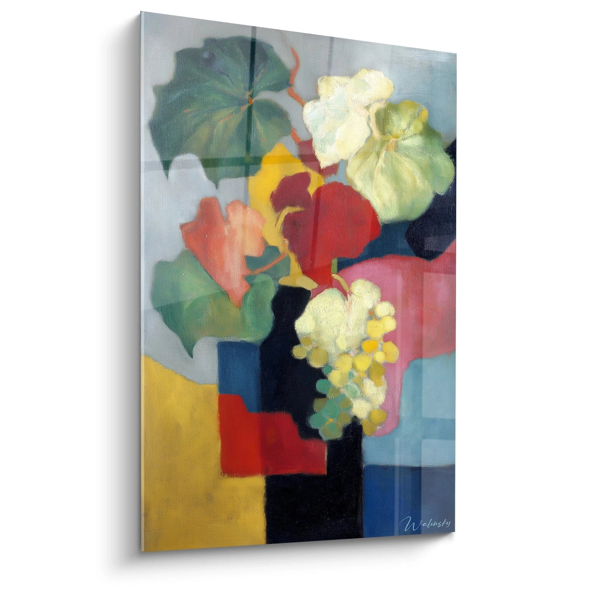 Walensky tableau bouquet dadaïsme moderne peinture murale verticale vase noir fleurs jaunes rouges et feuilles vertes