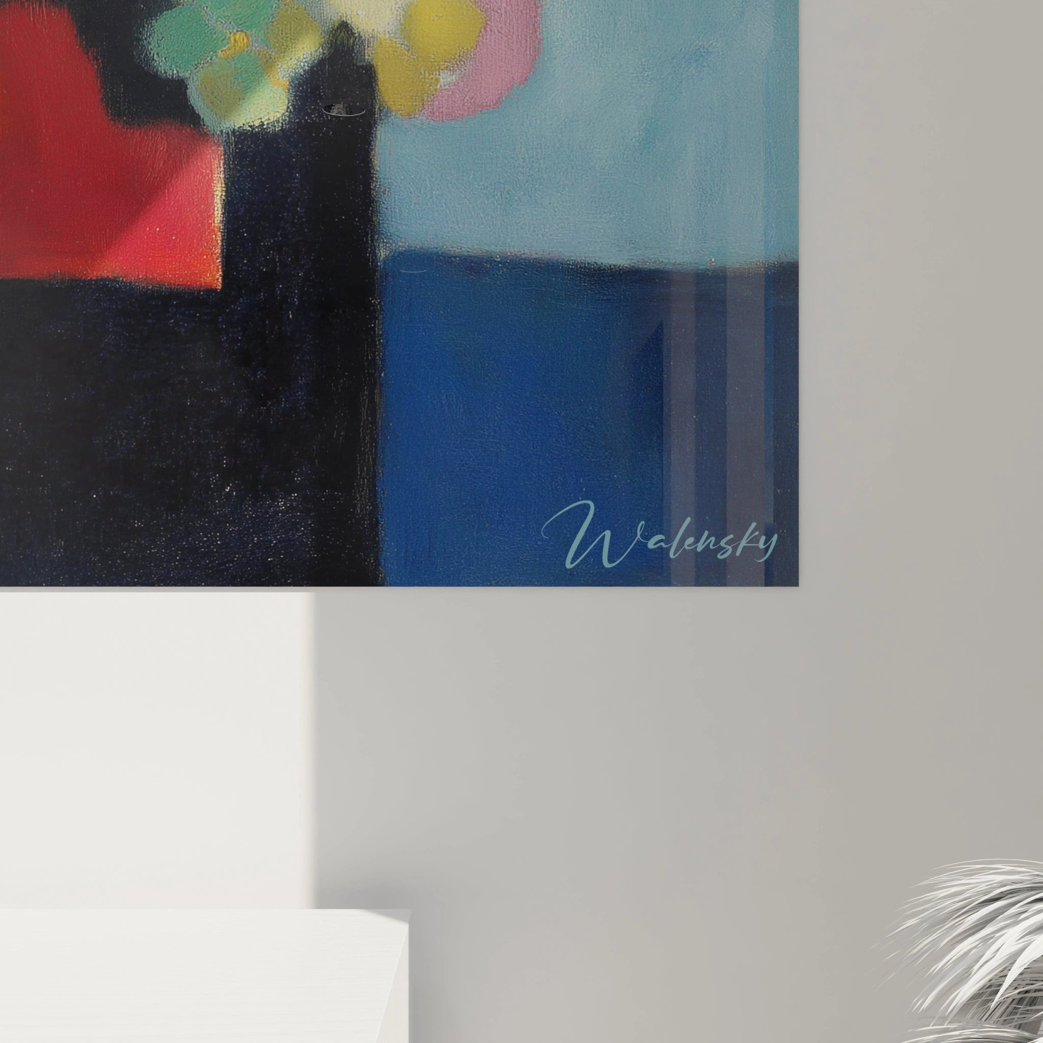 Tableau mural Walensky abstrait avec bouquet coloré et signature, tons rouge bleu et noir, tableau bouquet dadaïsme moderne