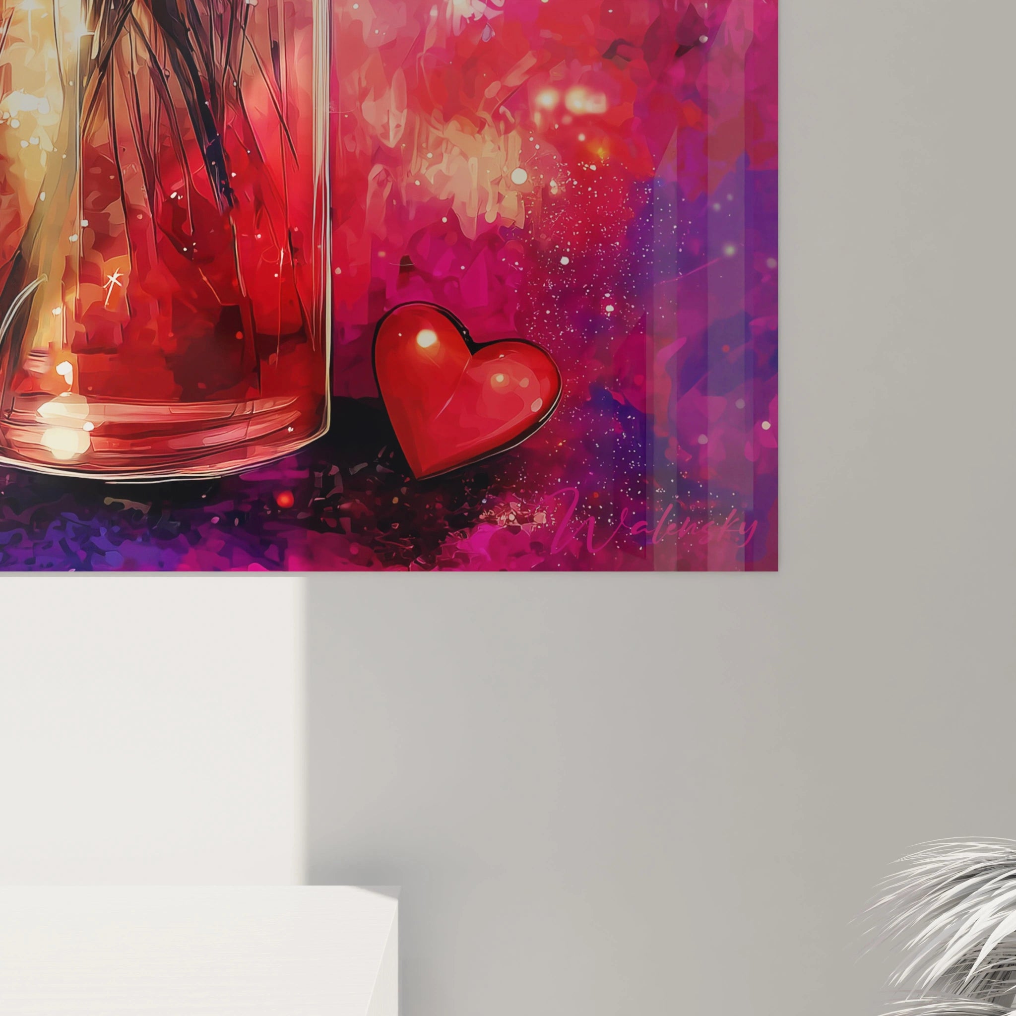 tableau bouquet floral Saint Valentin Walensky peinture murale colorée vase et coeur rouge décoratif