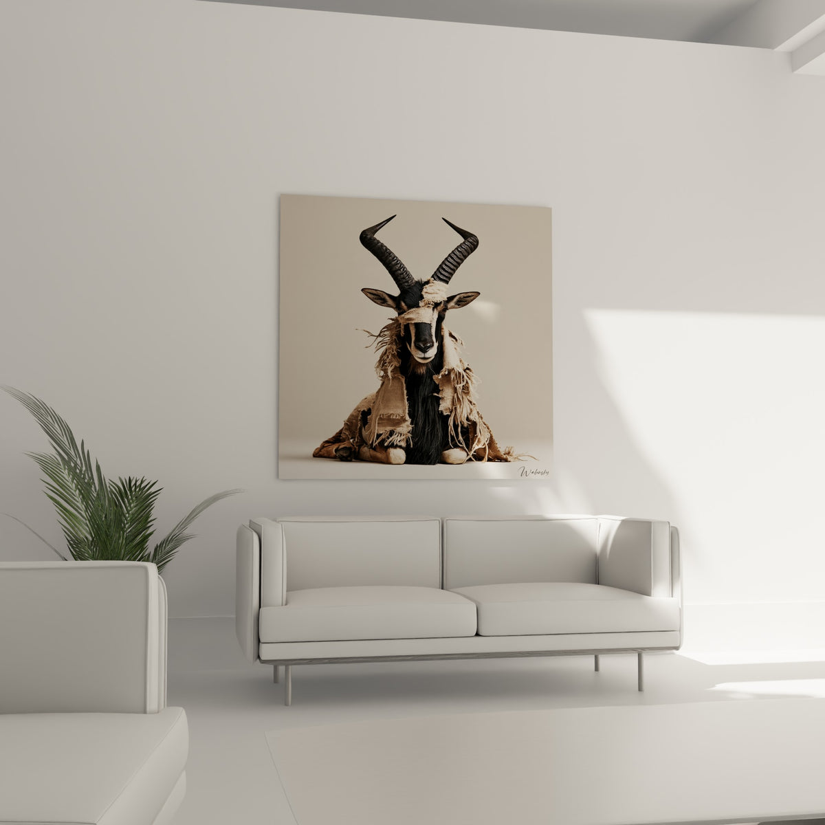 Regard frontal du Bouquetin anthracite enveloppé de beige, au-dessus d'un canapé dans un salon lumineux