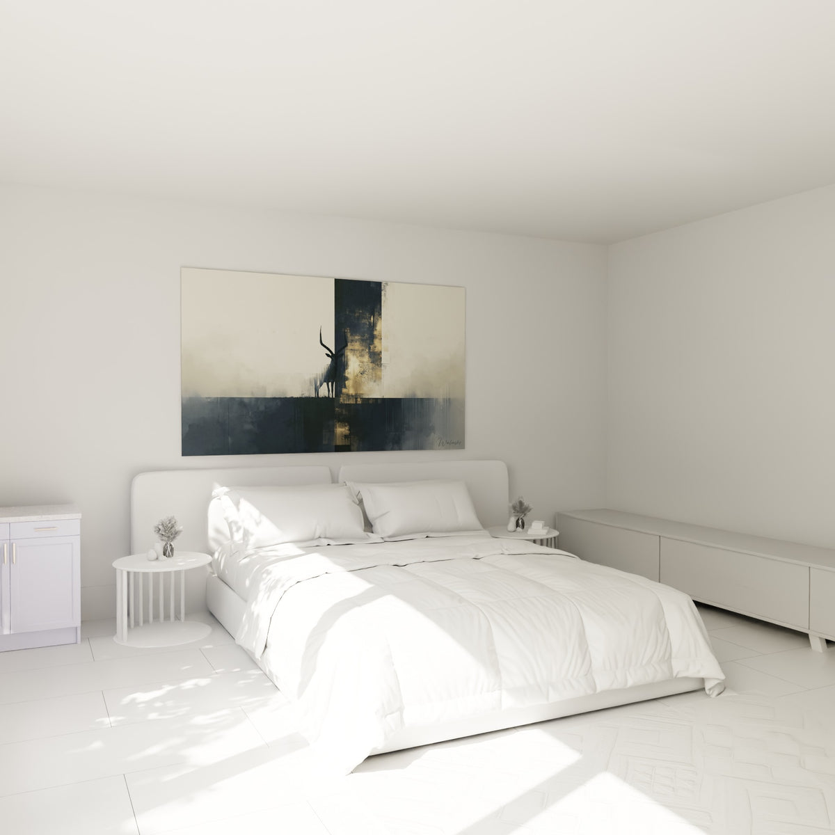 Silhouette de bouquetin noire et dorée au-dessus d'un lit dans une chambre claire