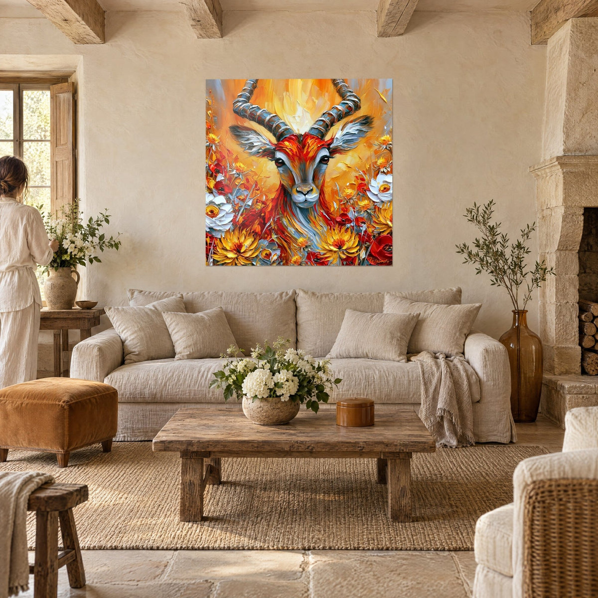 Tableau antilope rousse aux cornes annelées parmi pavots rouges et dahlias dorés, au-dessus d'un canapé dans un salon lumineux