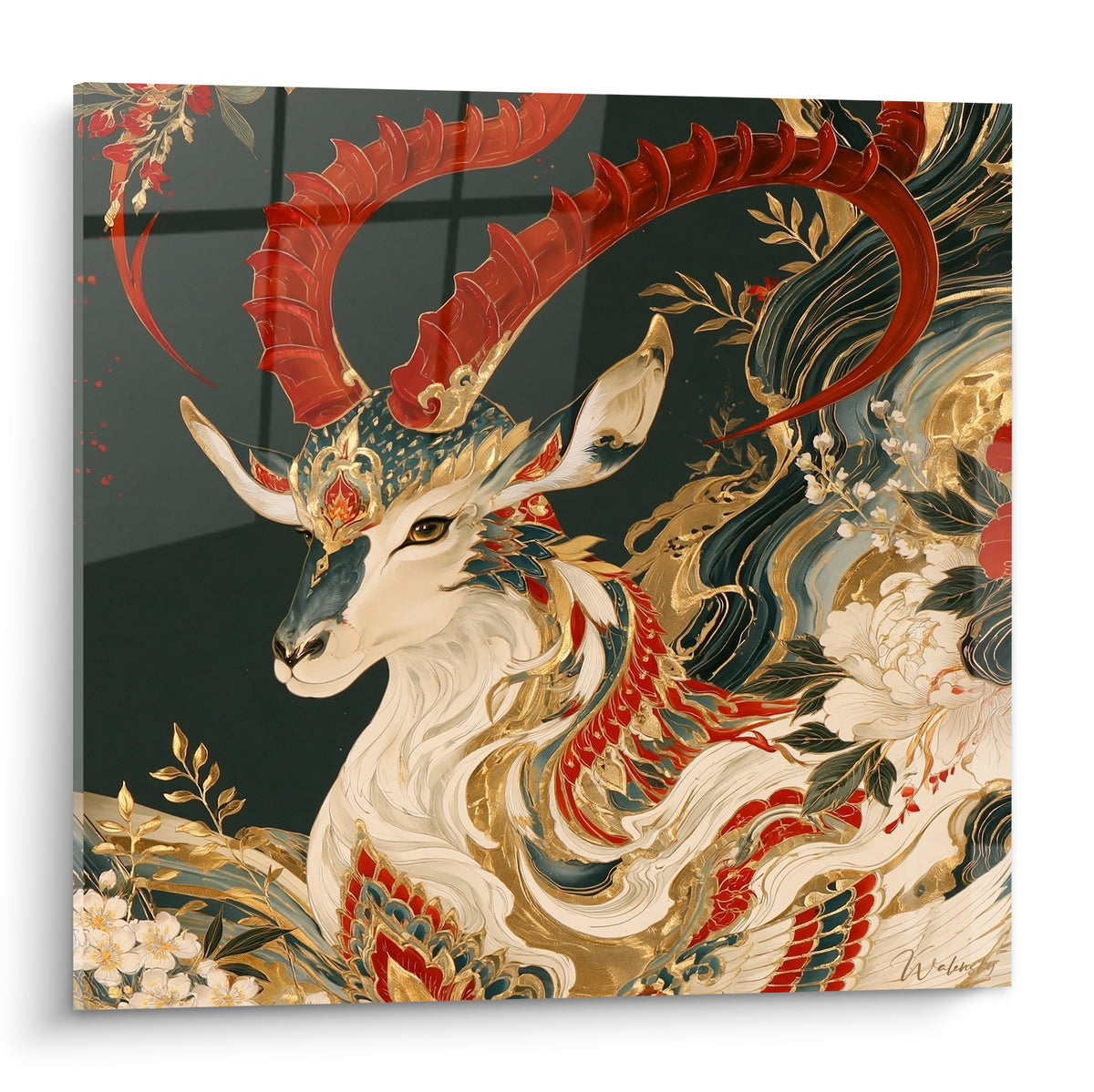 Bouquetin blanc aux cornes rouge vermillon et motifs dorés sur fond anthracite peint
