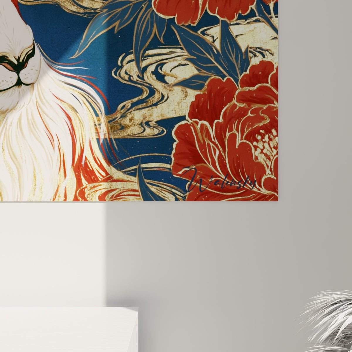 Détail des cornes striées noires et du pelage doré du bouquetin, matière lisse et couleurs rouge carmin fusionnées