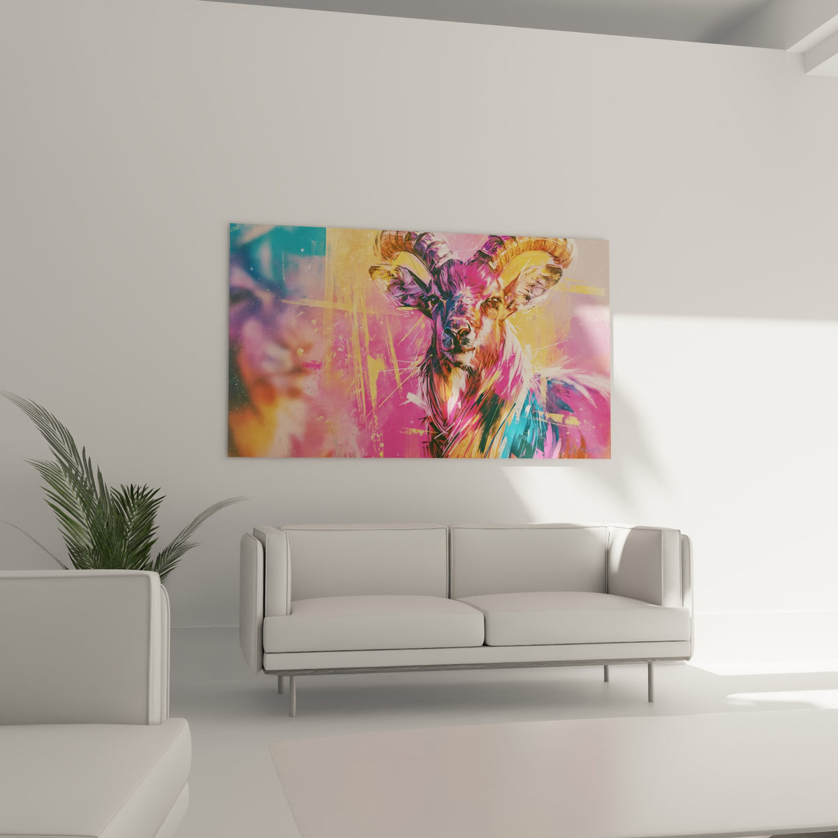 Museau détaillé du Bouquetin rose et turquoise au-dessus d'un canapé dans un salon lumineux