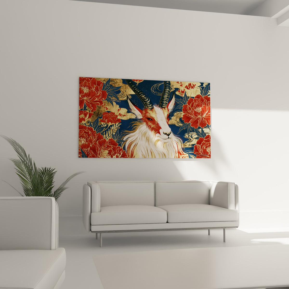 Tête de bouquetin blanc et roux parmi les fleurs dorées, disposée au-dessus d'un canapé dans un salon lumineux