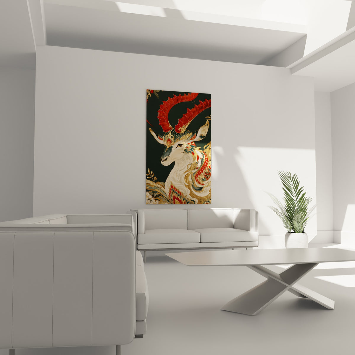 Regard doré du bouquetin ornemental en rouge et bleu anthracite au-dessus d'un canapé dans un salon lumineux