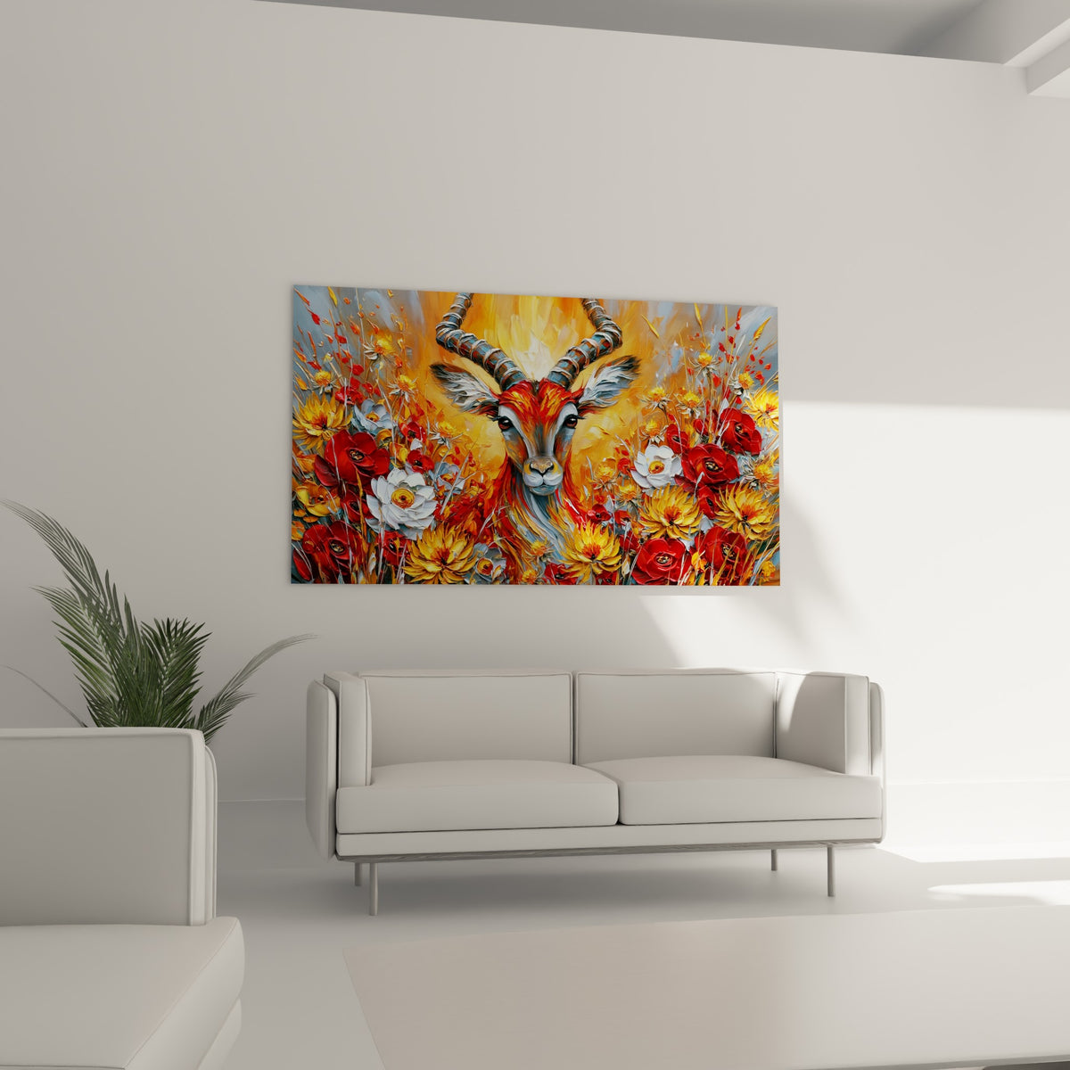 Regard perçant du Bouquetin parmi les fleurs jaunes et rouges au-dessus d'un canapé dans un salon lumineux