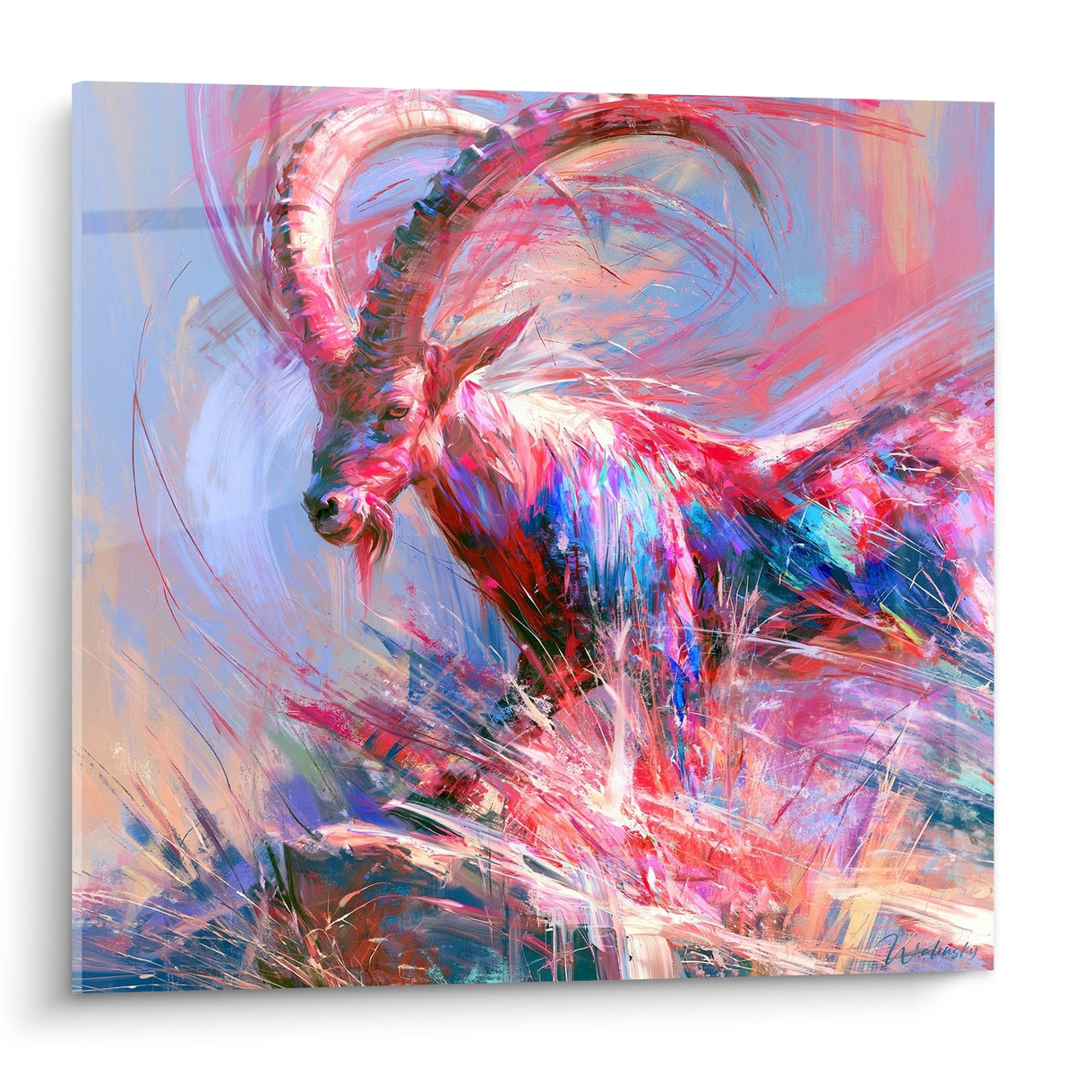 Bouquetin rose et bleu peint en pleine allure, cornes striées enroulées, matière éclatée sur fond pastel
