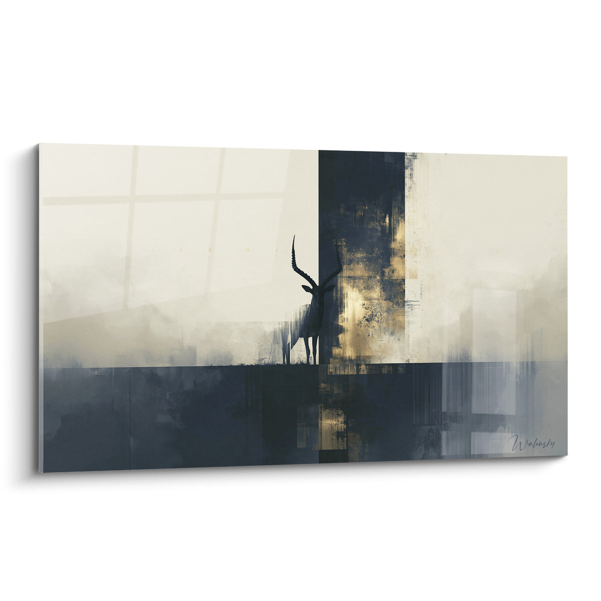 Bouquetin en silhouette anthracite sur fond crème et bleu marine, composition abstraite dorée