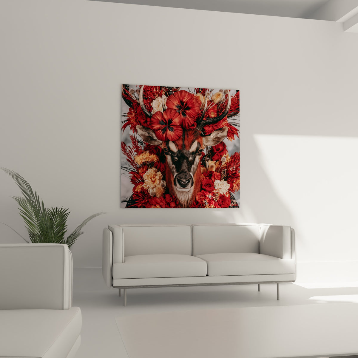 Portrait de bouquetin paré de fleurs terracotta et beige au-dessus d'un canapé dans un salon lumineux