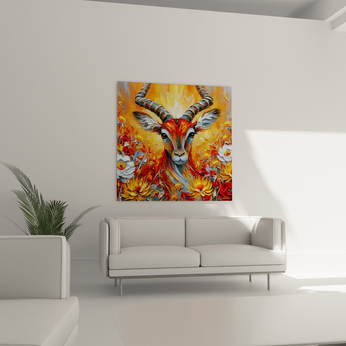 Visage sculpté du bouquetin aux teintes orange et blanches au-dessus d'un canapé dans un salon lumineux