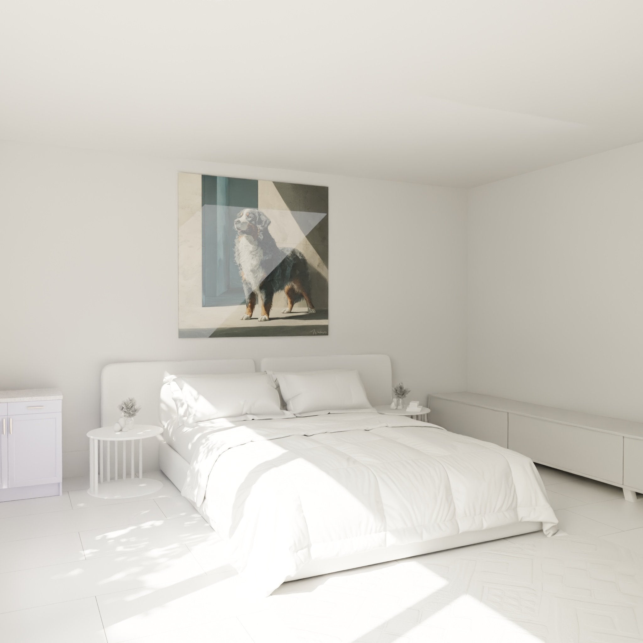 Bernese Mountain Dog tricolor artwork in contemporary bedroom with beige and gray tones