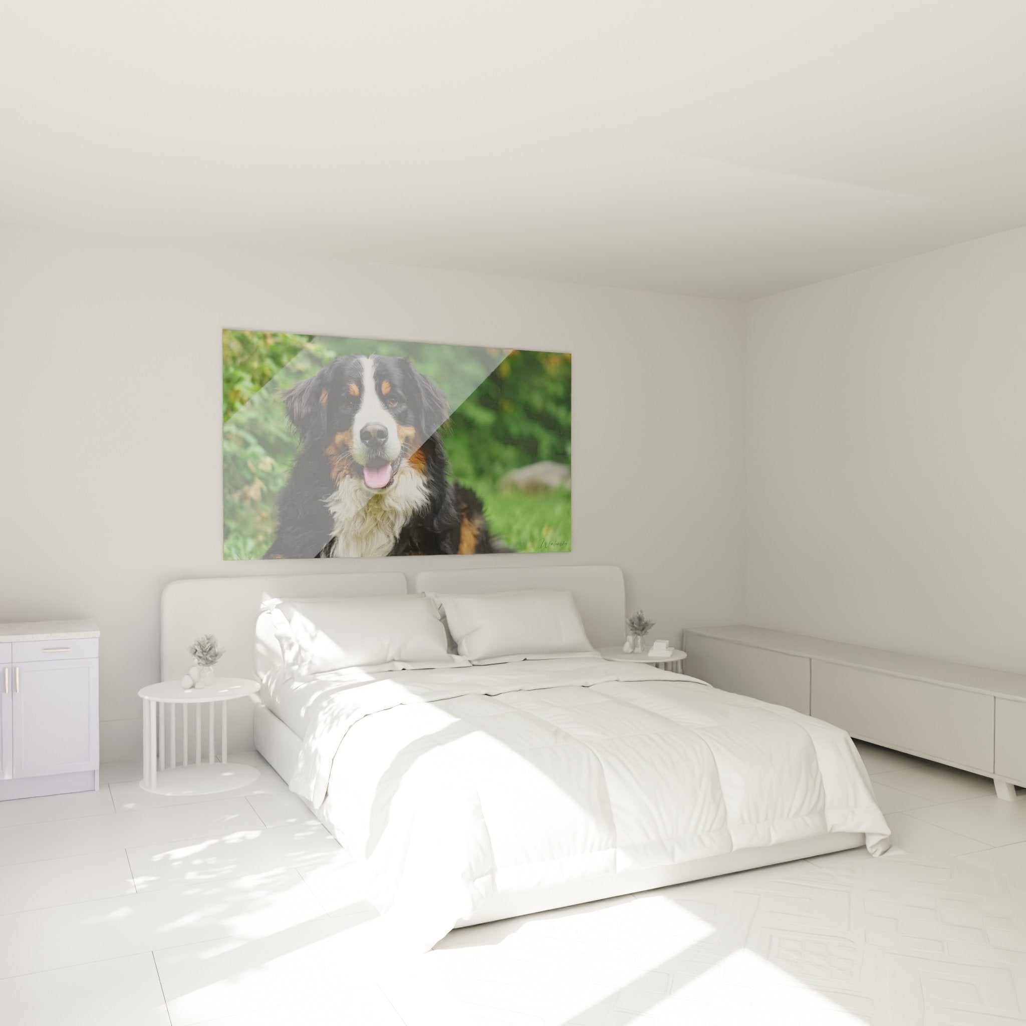 Berner Sennenhund Porträt glücklicher Hund Wanddekoration Schlafzimmer warme Atmosphäre