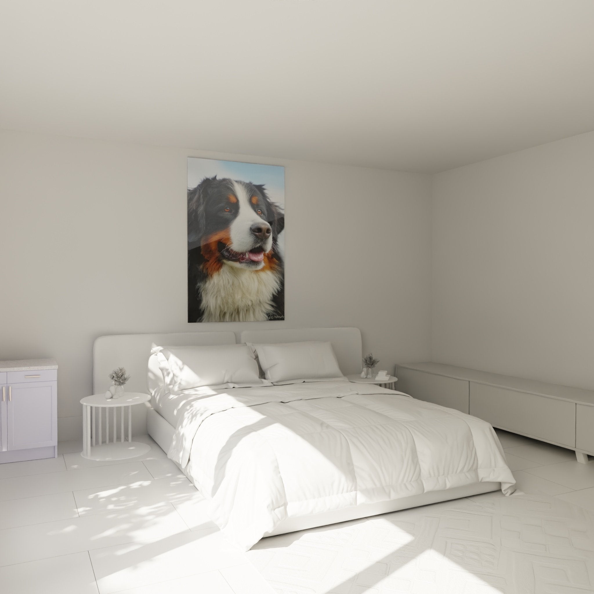 Porträt-Kunstdruck Berner Sennenhund im modernen Schlafzimmer, Wanddekoration dreifarbiger Hund, warme Atmosphäre