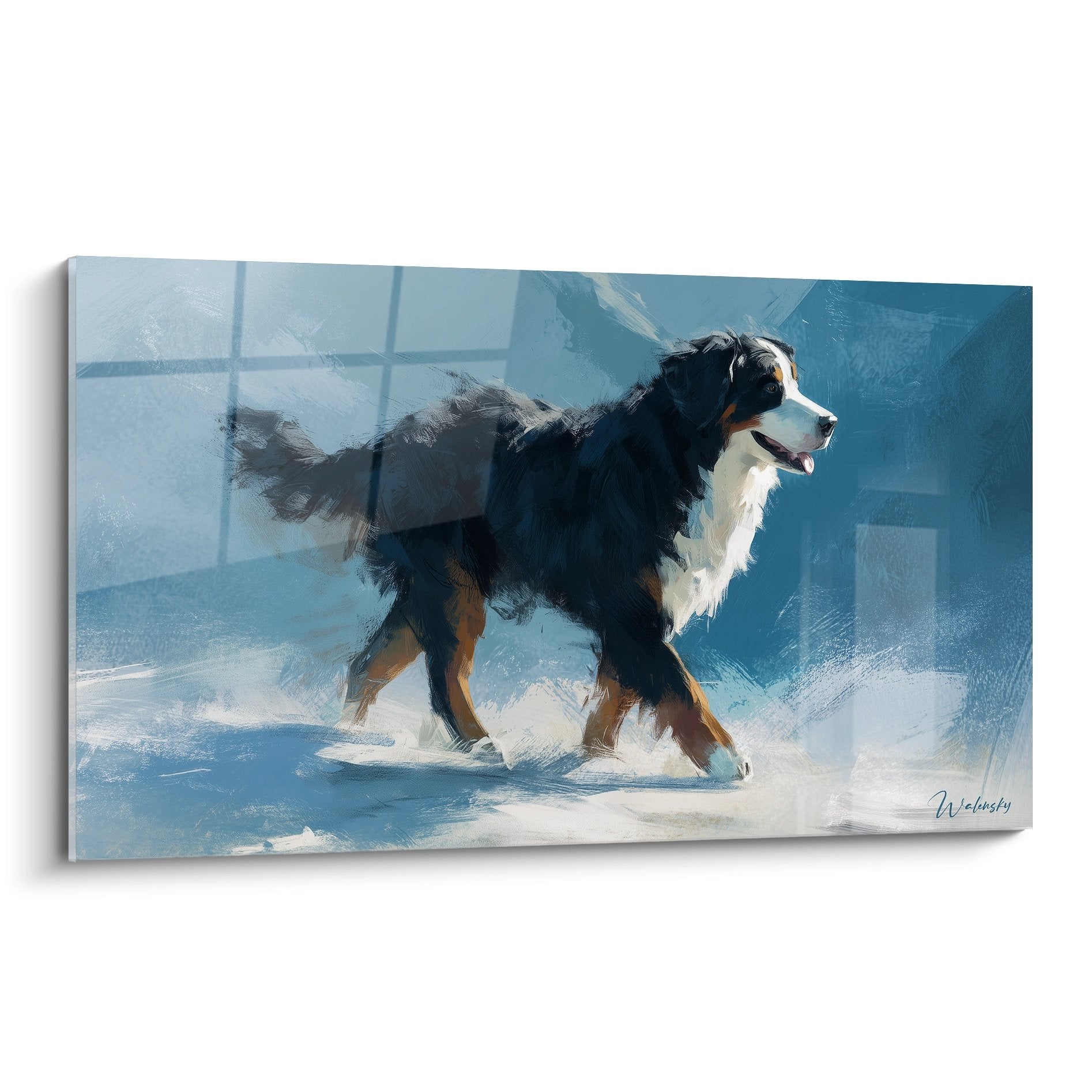 Artistic Bernese Mountain Dog painting in motion on impressionist blue background by Wolinsky