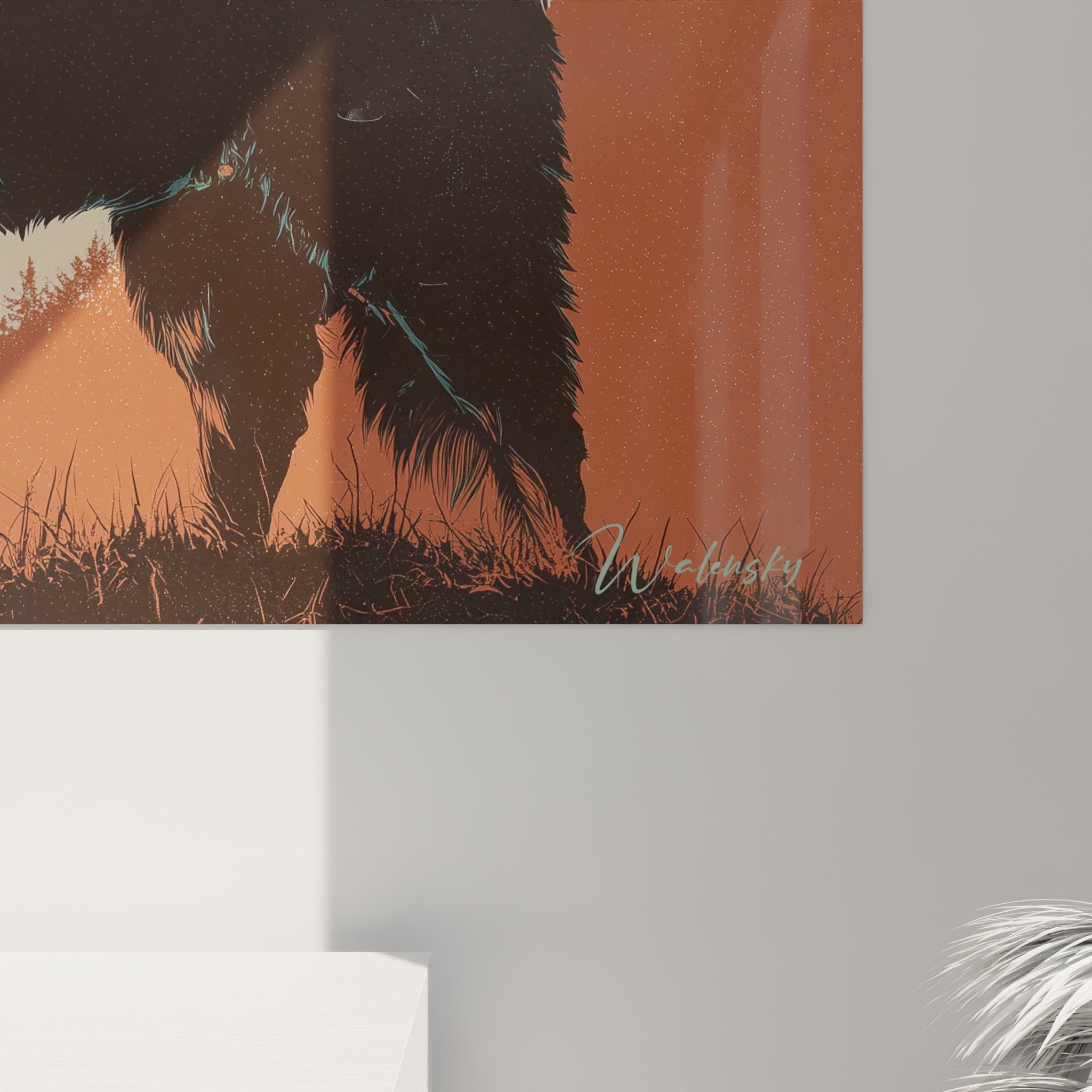 Overview wall art Bernese Mountain Dog alpine landscape sunset graphic vintage style