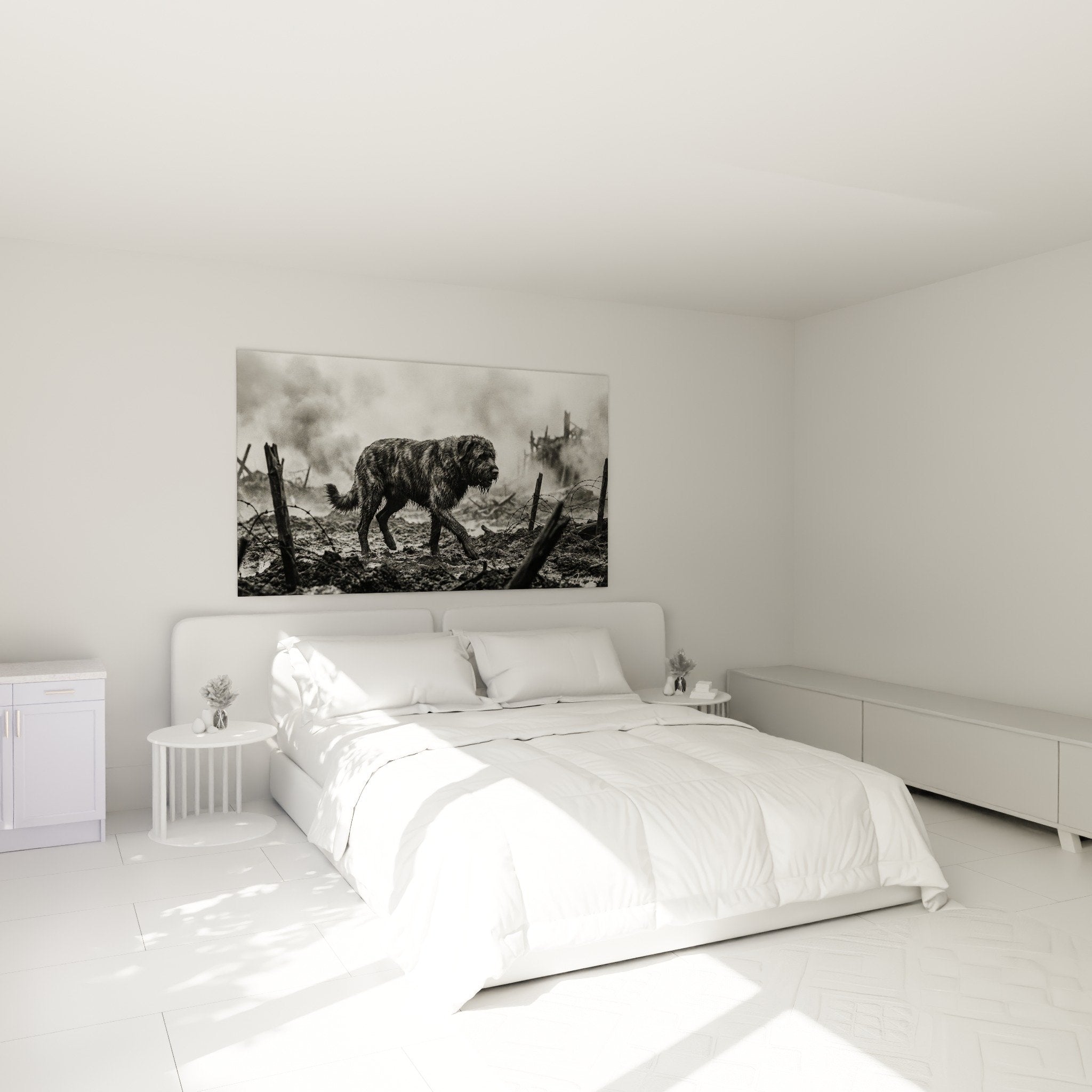 Tableau chien de guerre Bouvier des Flandres noir et blanc décorant chambre aux murs gris
