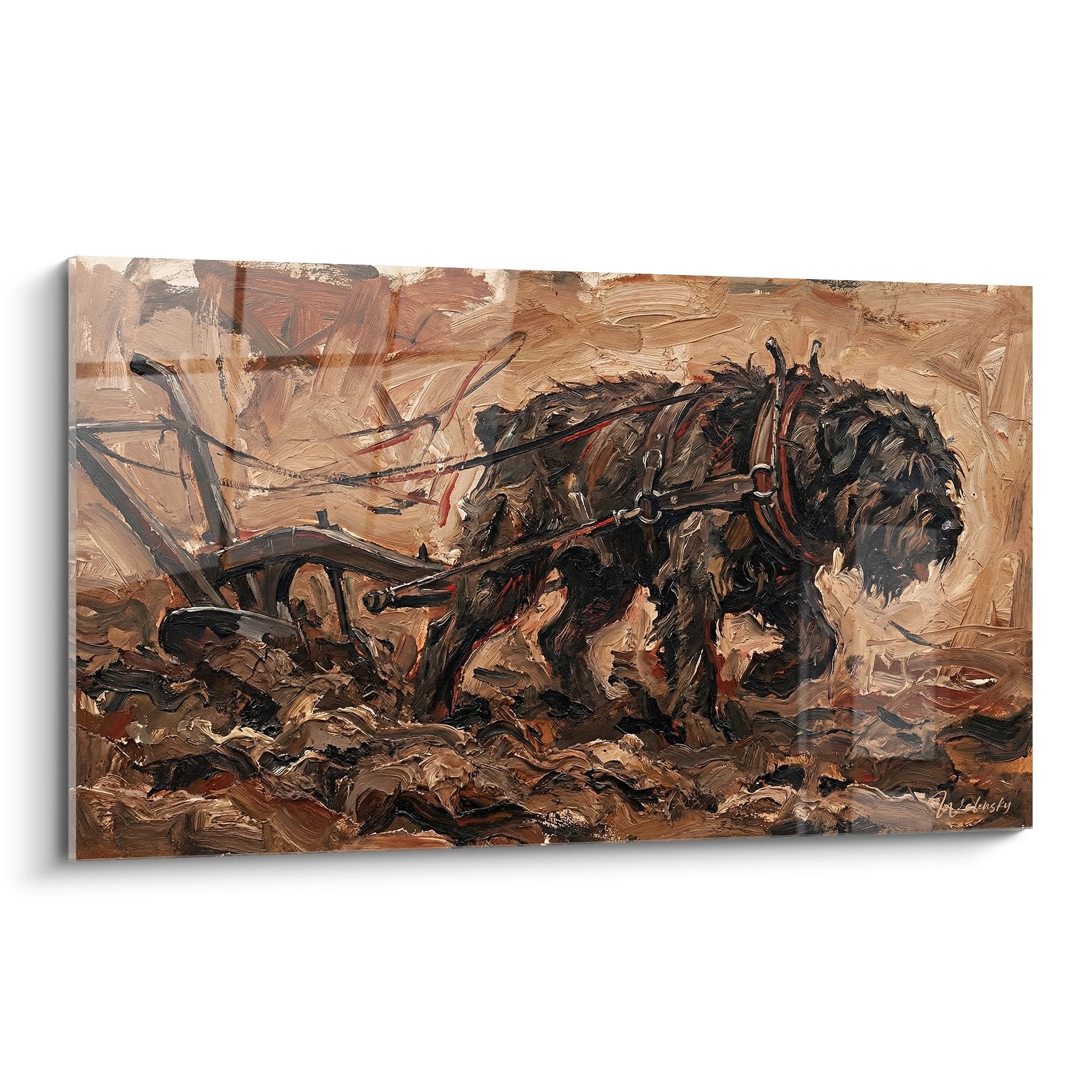 Quadro Bovaro delle Fiandre con attrezzi che ara un campo, dipinto con tonalità ocra e terra su tela
