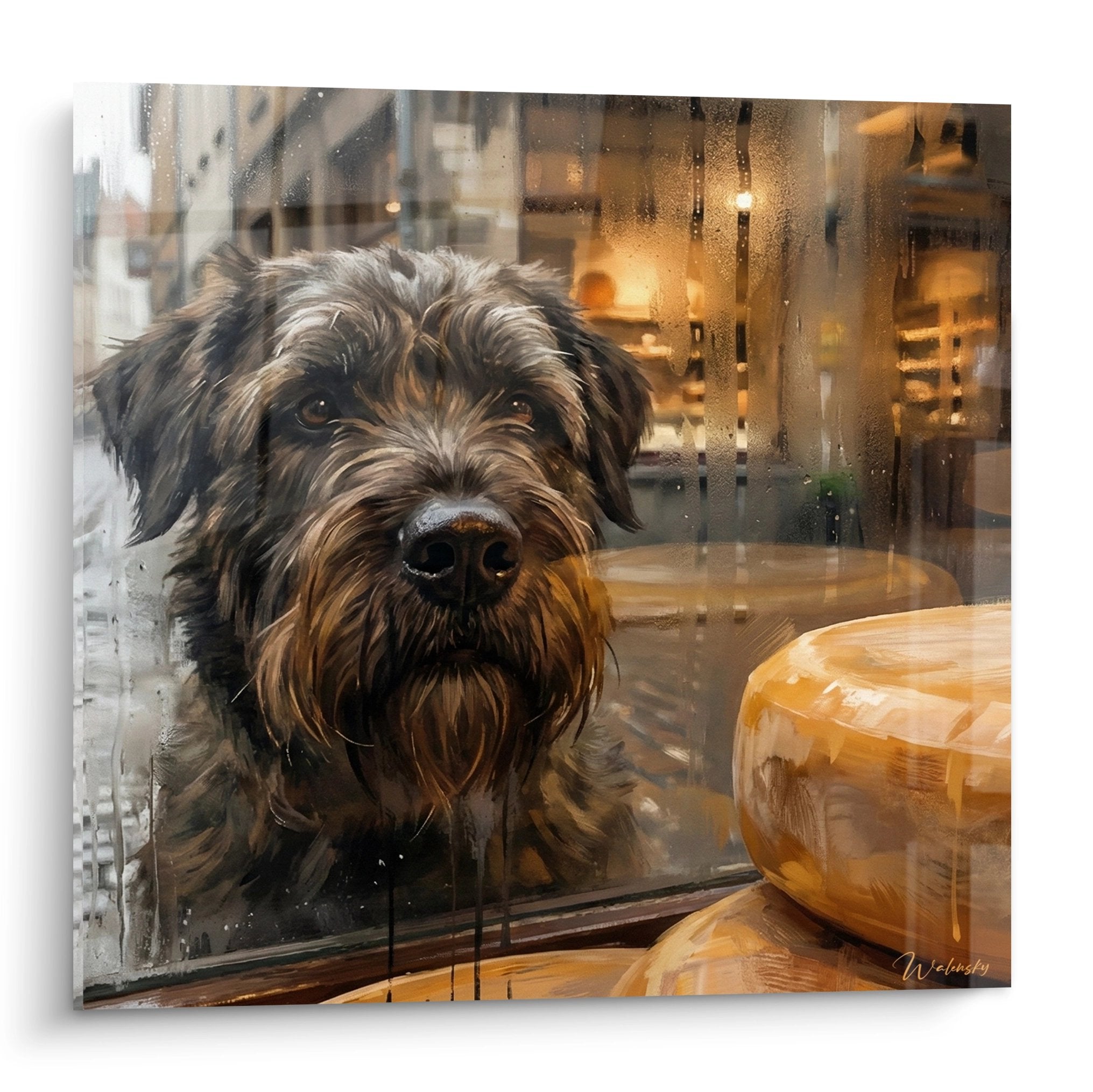 Tableau Bouvier des Flandres au regard mélancolique derrière vitre embuée, tons dorés et bruns chaleureux