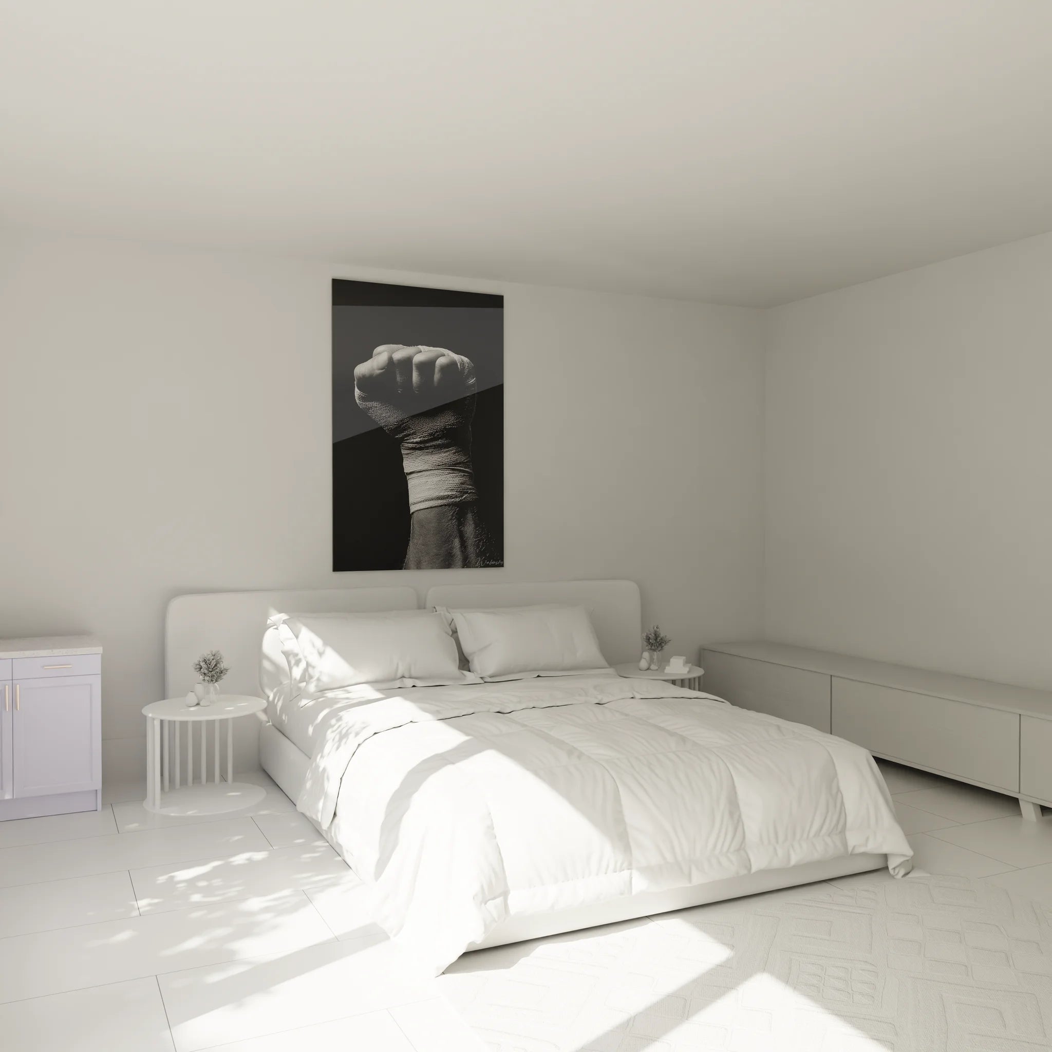 Ambiance chambre avec tableau poing boxe noir blanc décoration murale sports combat moderne