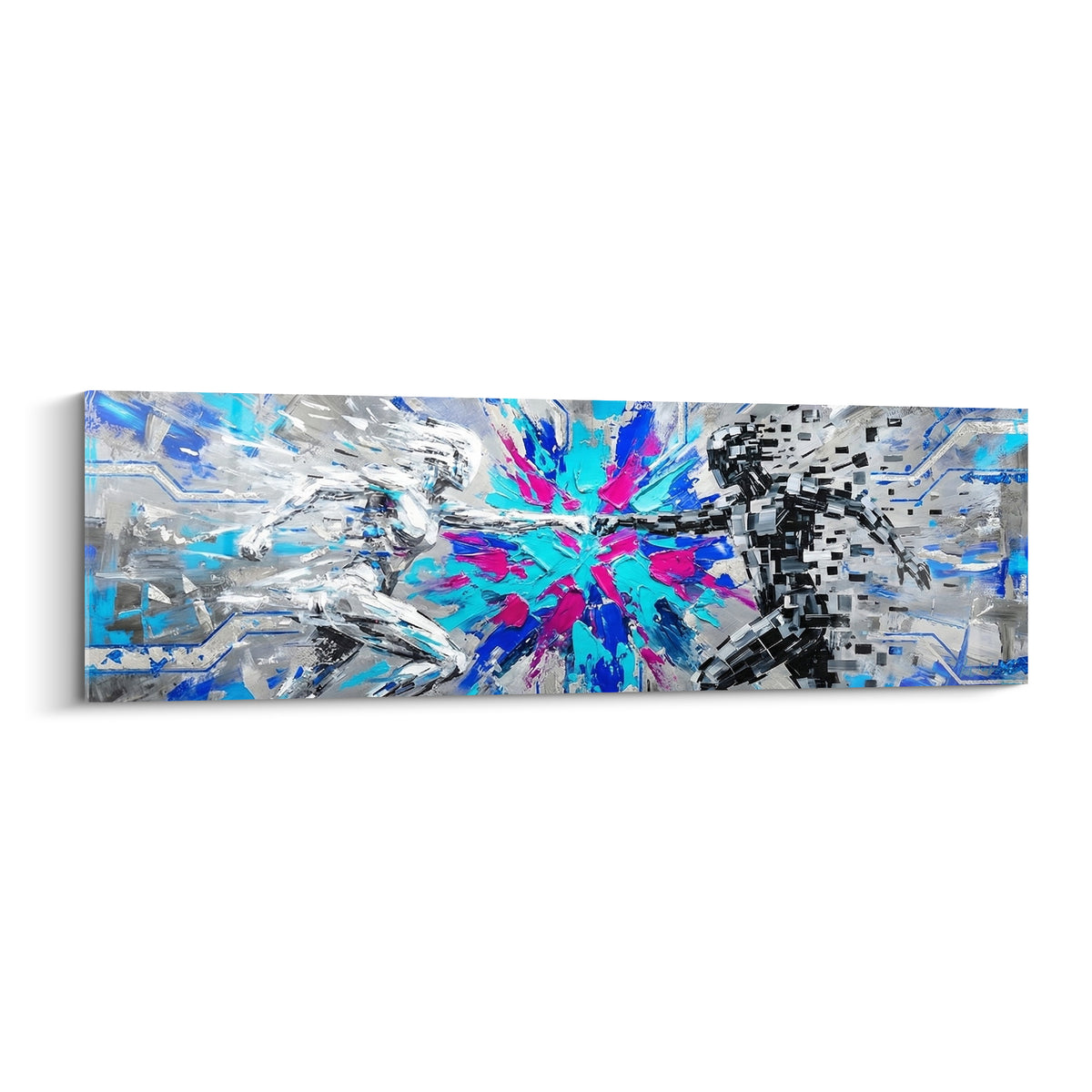 Boxeurs blanc et noir fragmentés au choc central bleu turquoise et rose fuchsia éclatant