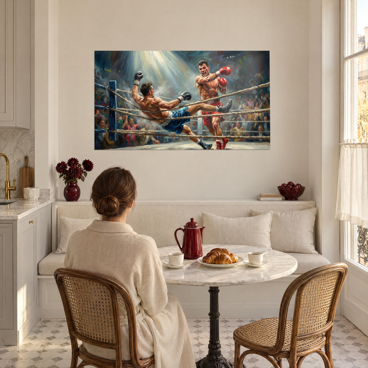 Tableau pugilat en pleine chute, gants rouges, short bleu, poussière blanche et foule peinte à l'huile, face à un coin repas aux tons crème