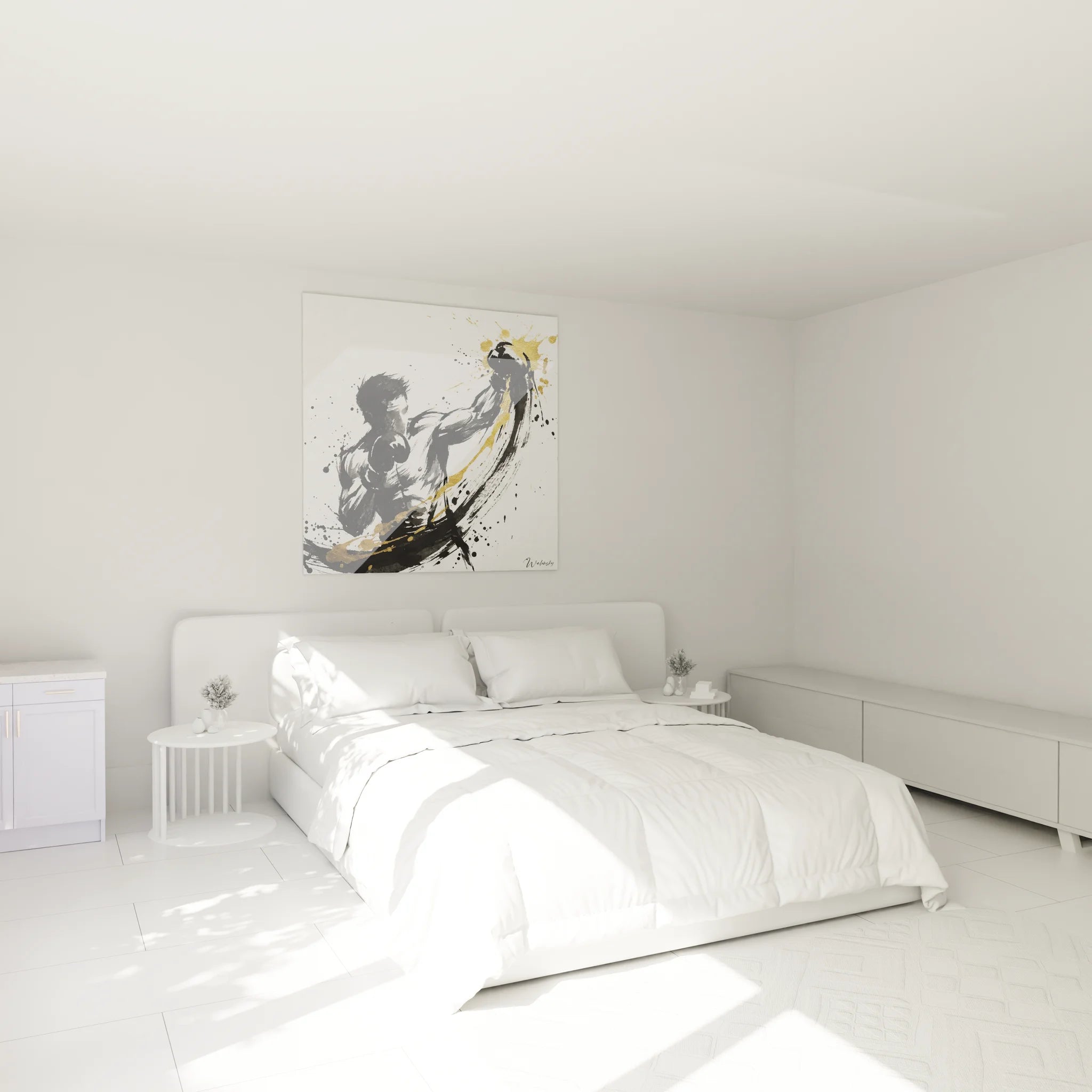 Tableau boxe moderne dans chambre contemporaine avec décoration murale sport élégante