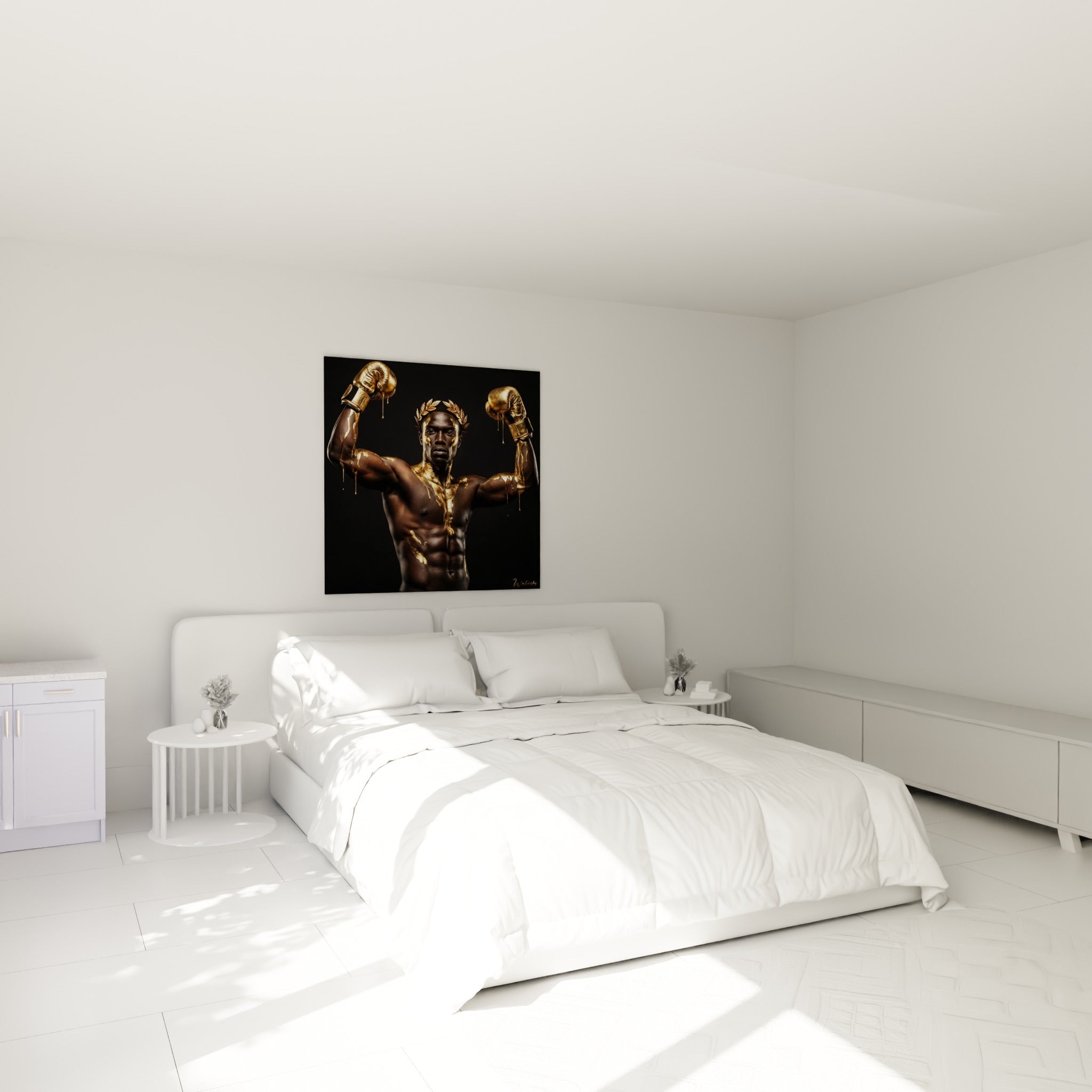 Tableau boxe doré dans une chambre au décor sombre et élégant