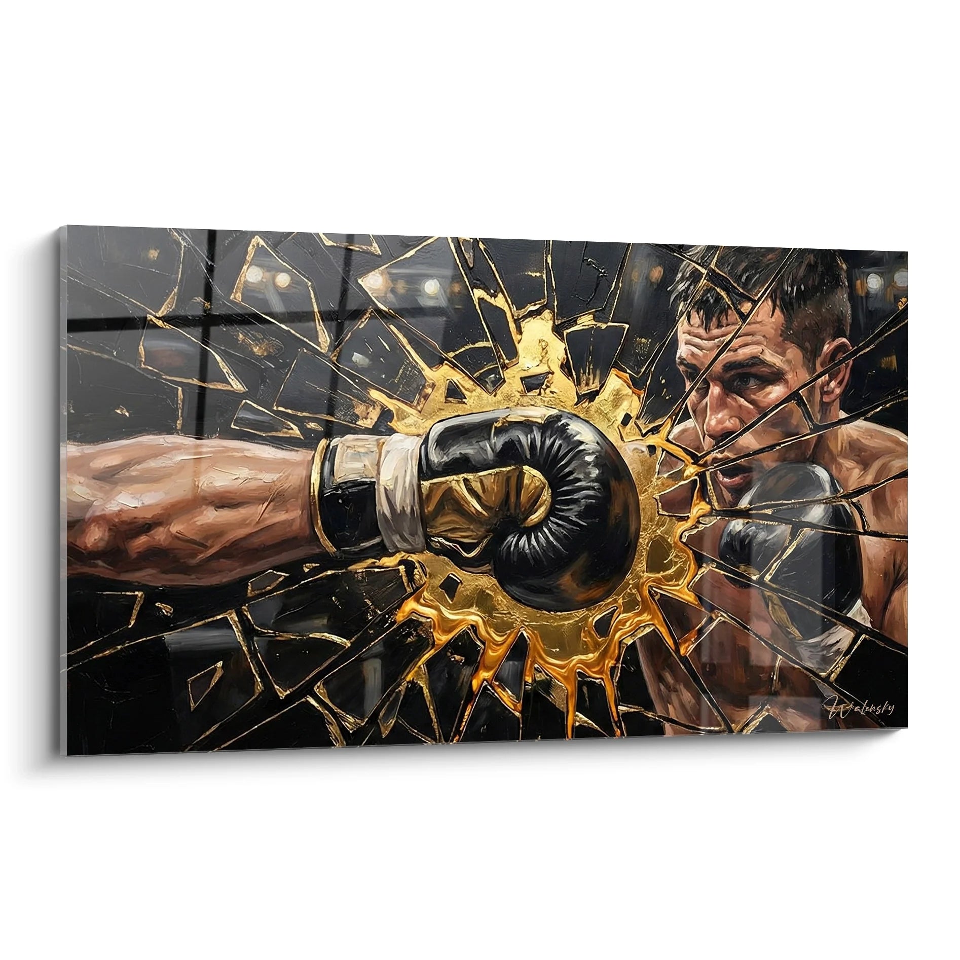 Tableau boxe moderne avec gant explosif et effets dorés - Art mural combat sportif