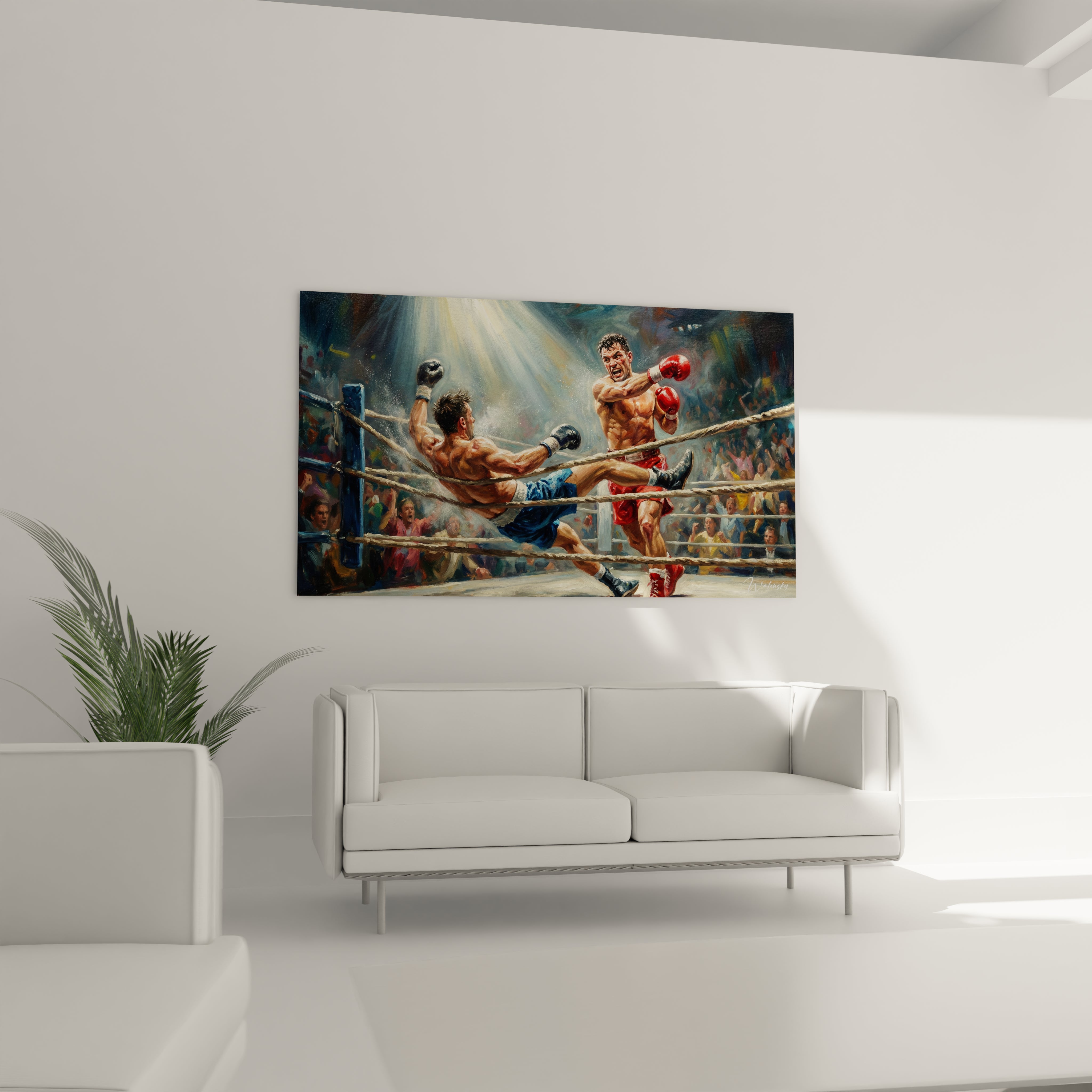 Uppercut décisif entre deux boxeurs, tons rouge et bleu marine, au-dessus d'un canapé dans un salon lumineux