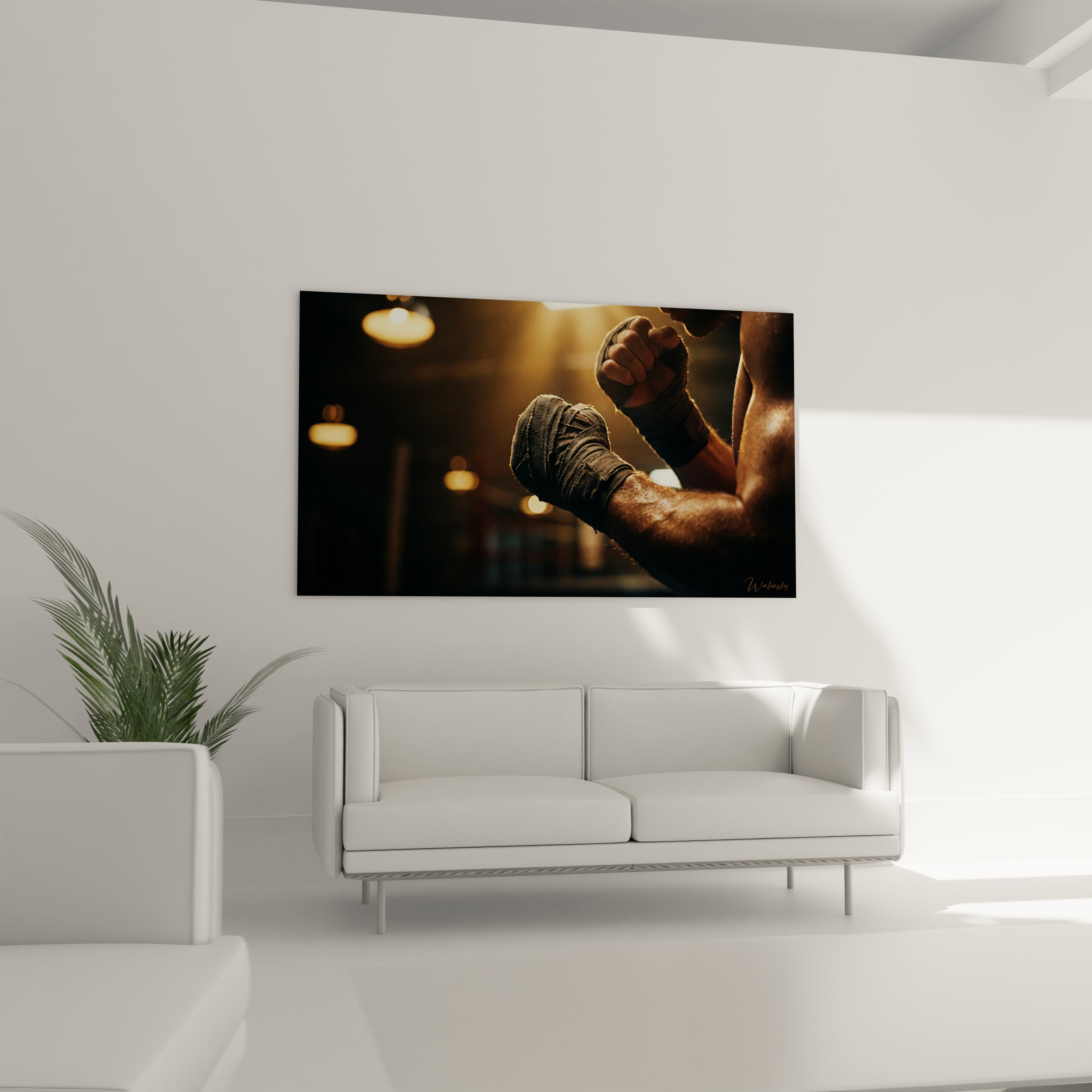 Mains bandées serrées en position de combat, tons dorés et anthracite, au-dessus d'un canapé dans un salon lumineux