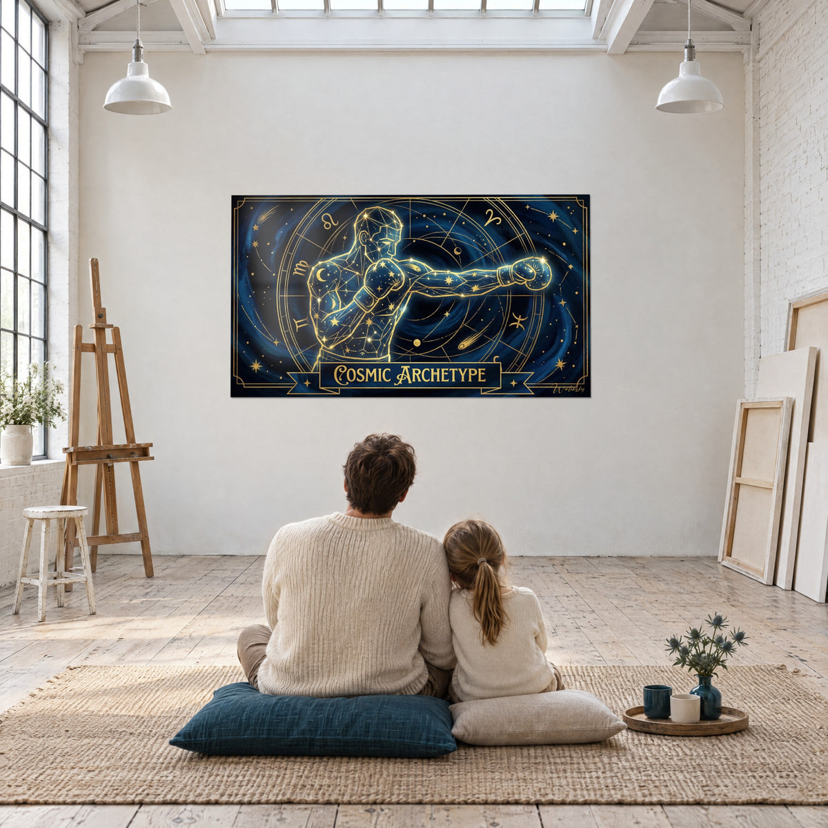 Schilderij van stellaire krijger met gouden arm naar voren gestrekt, diepblauwe melkweg, bekeken door een vader en zijn dochter zittend op een kleed