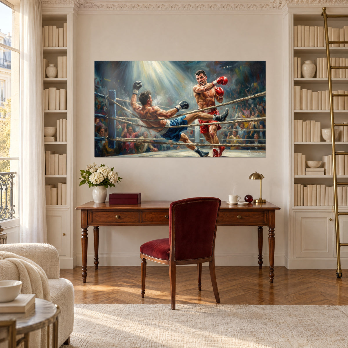 Tableau duel de pugilistes sous un faisceau de lumière dorée, cordes beiges, ring gris bleuté, entre deux bibliothèques d'un bureau