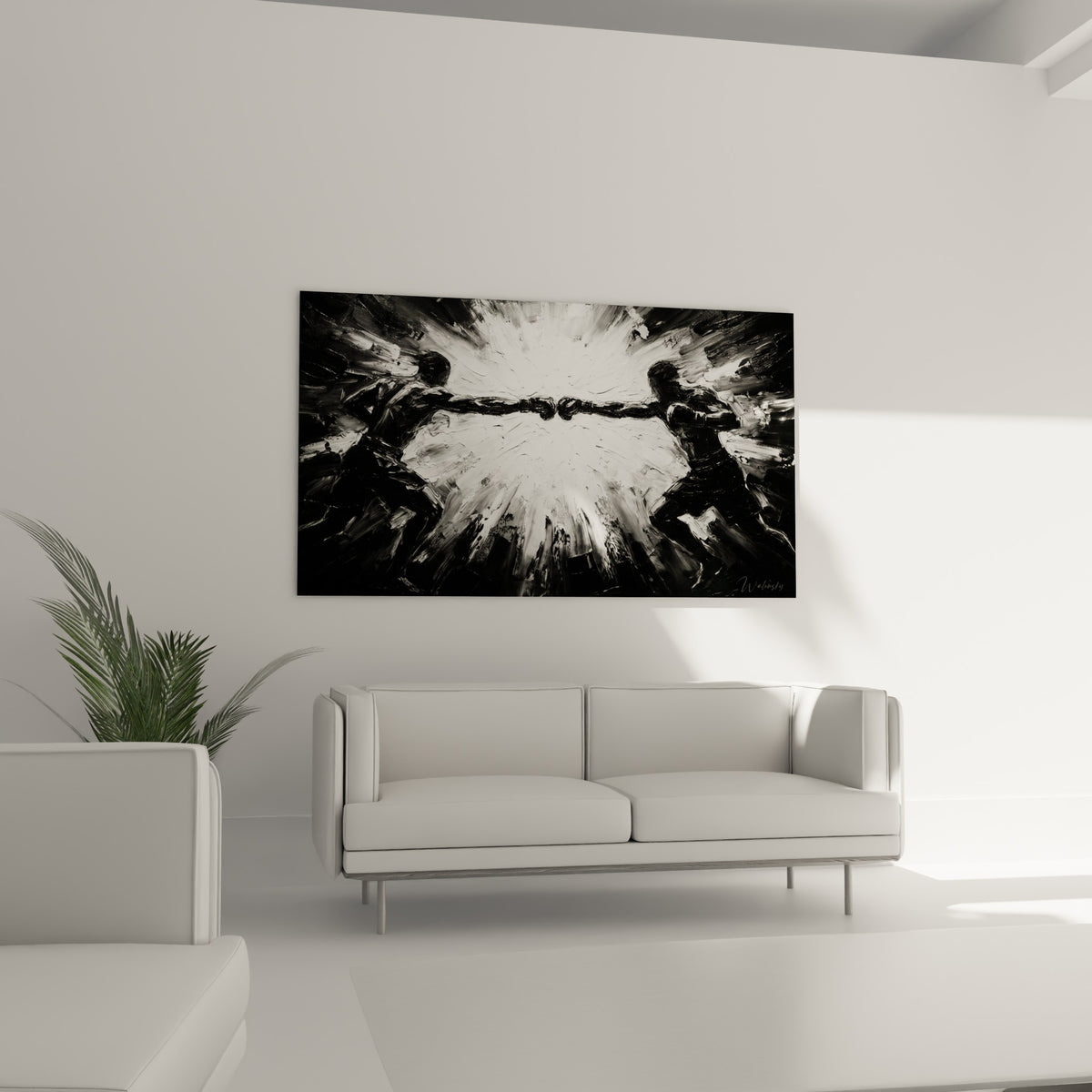 Silhouettes sombres de boxeurs entourées de lumière blanche vive, au-dessus d'un canapé dans un salon lumineux