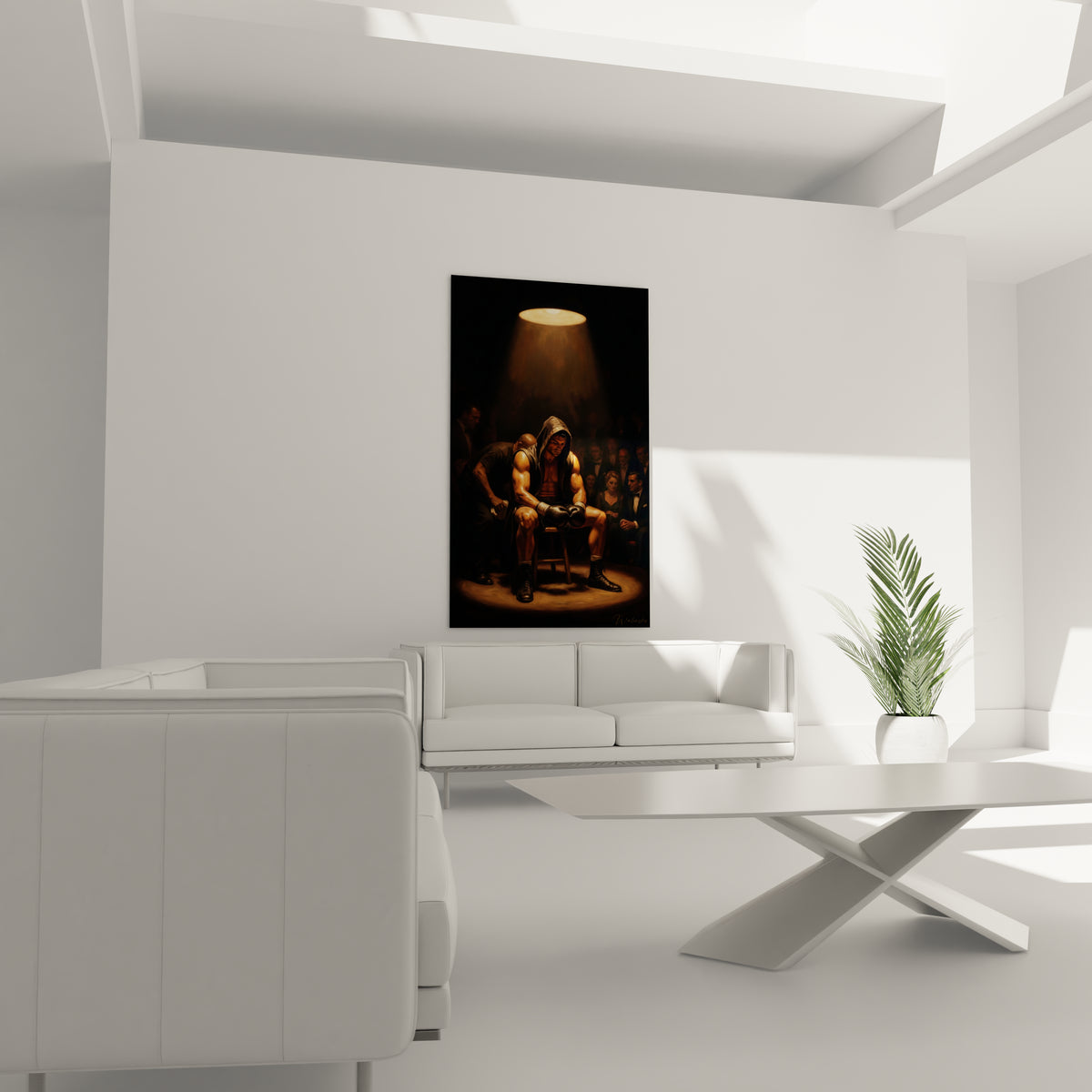Combattant concentré sous halo doré, tableau Boxe placé au-dessus d'un canapé dans un salon lumineux.