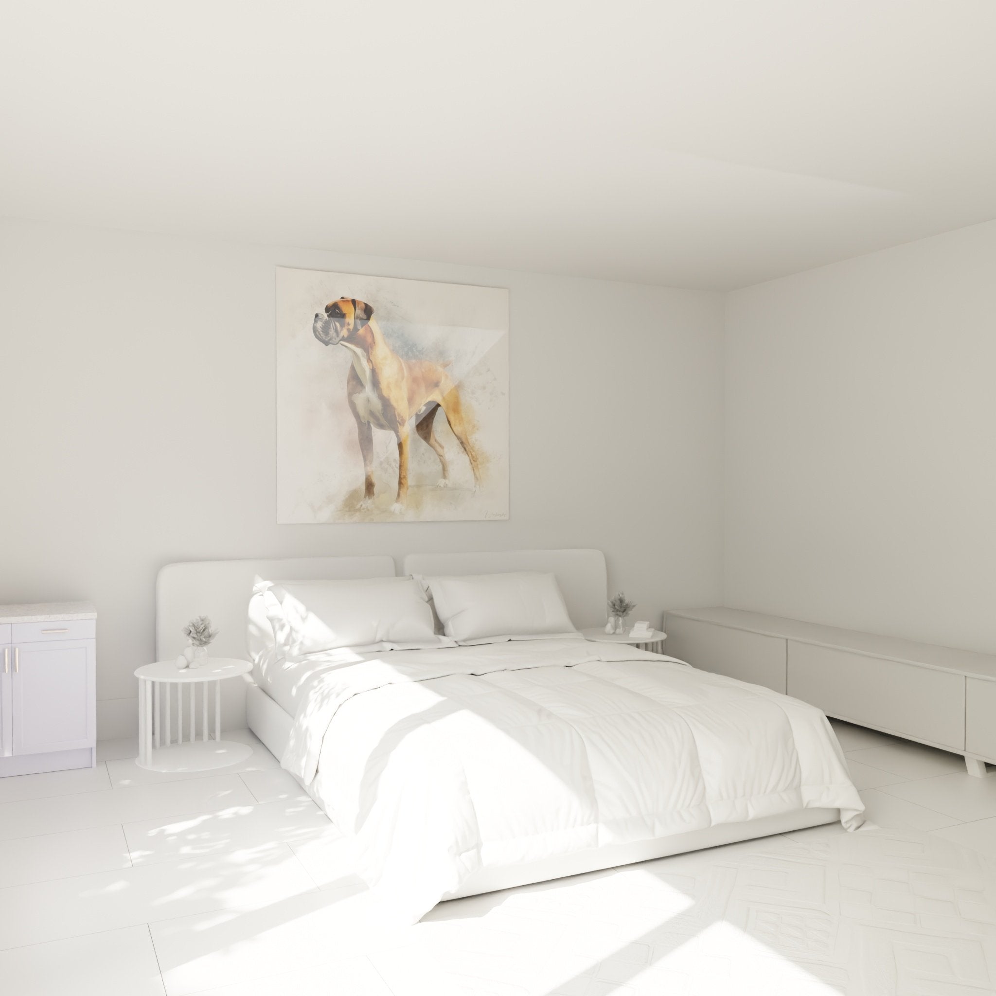 Quadro ritratto di Boxer ad acquerello che decora una camera da letto con toni neutri e caldi