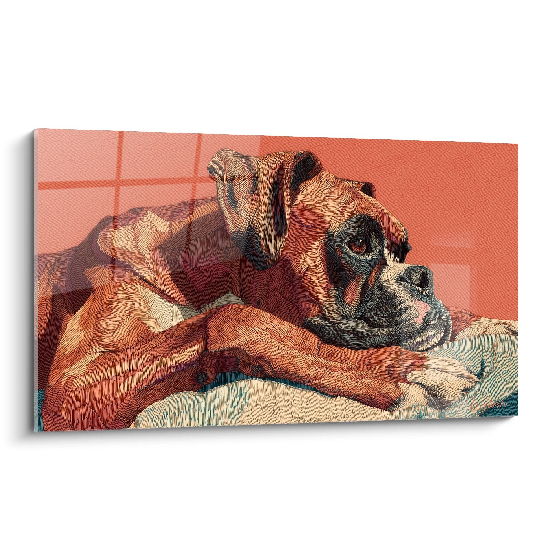 Tableau décoratif Boxer au repos tons corail et terre de Sienne, style illustration naturaliste détaillée