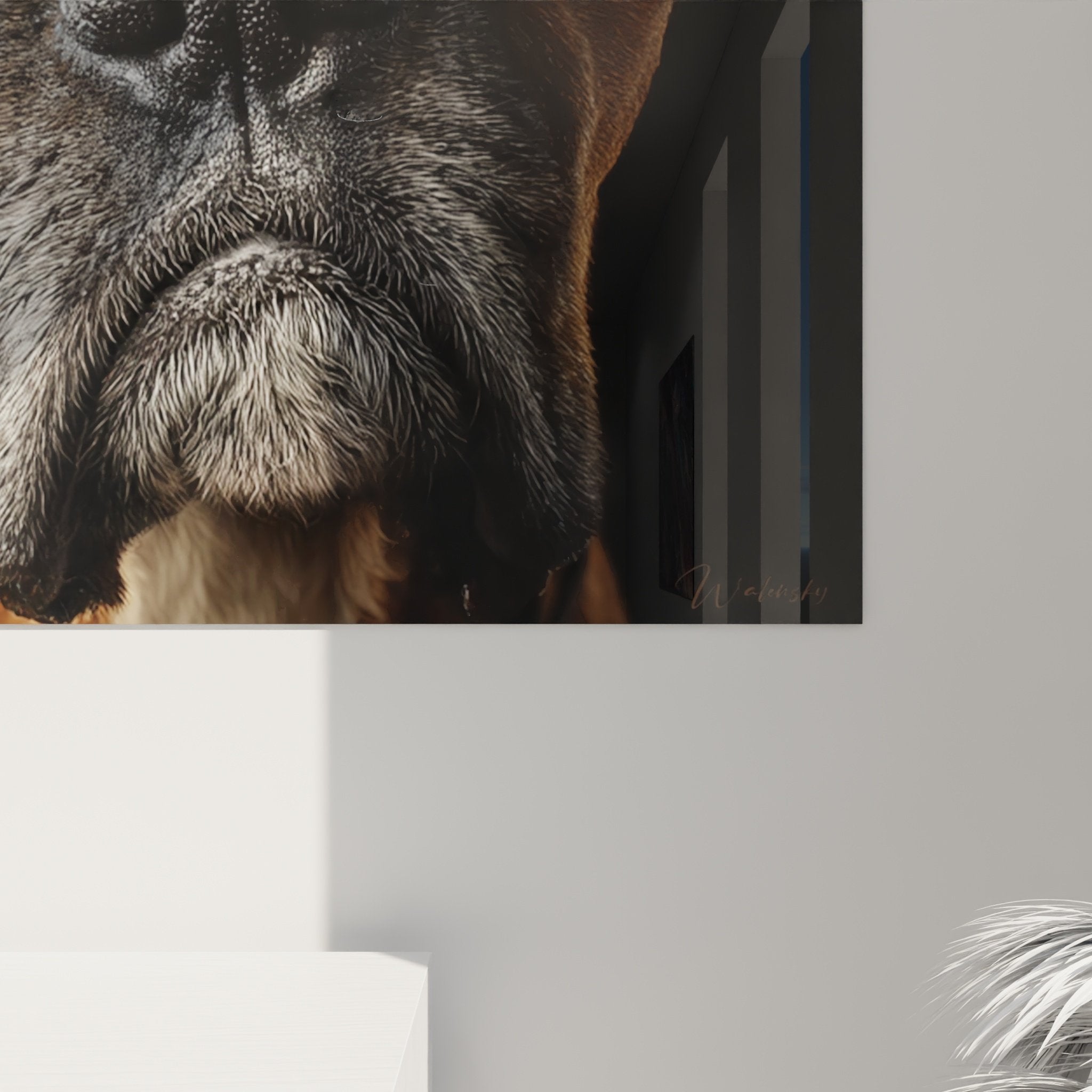 Gesamtansicht des Boxer-Porträtgemäldes in einem zeitgenösslichen Wohnzimmer mit aufeinander abgestimmten Möbeln