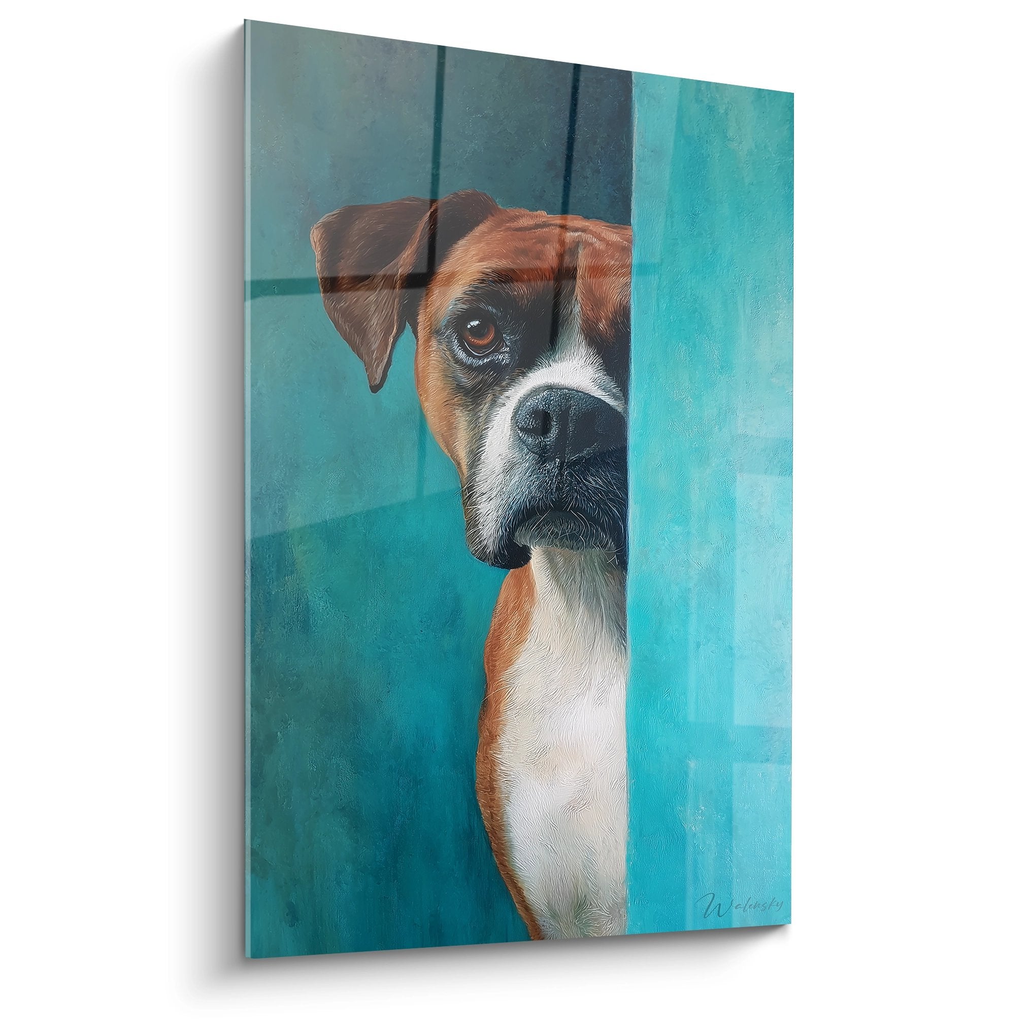 Tricolor Boxer dog portrait painting with tender gaze, red black white, turquoise background with transparent barriers, canine art