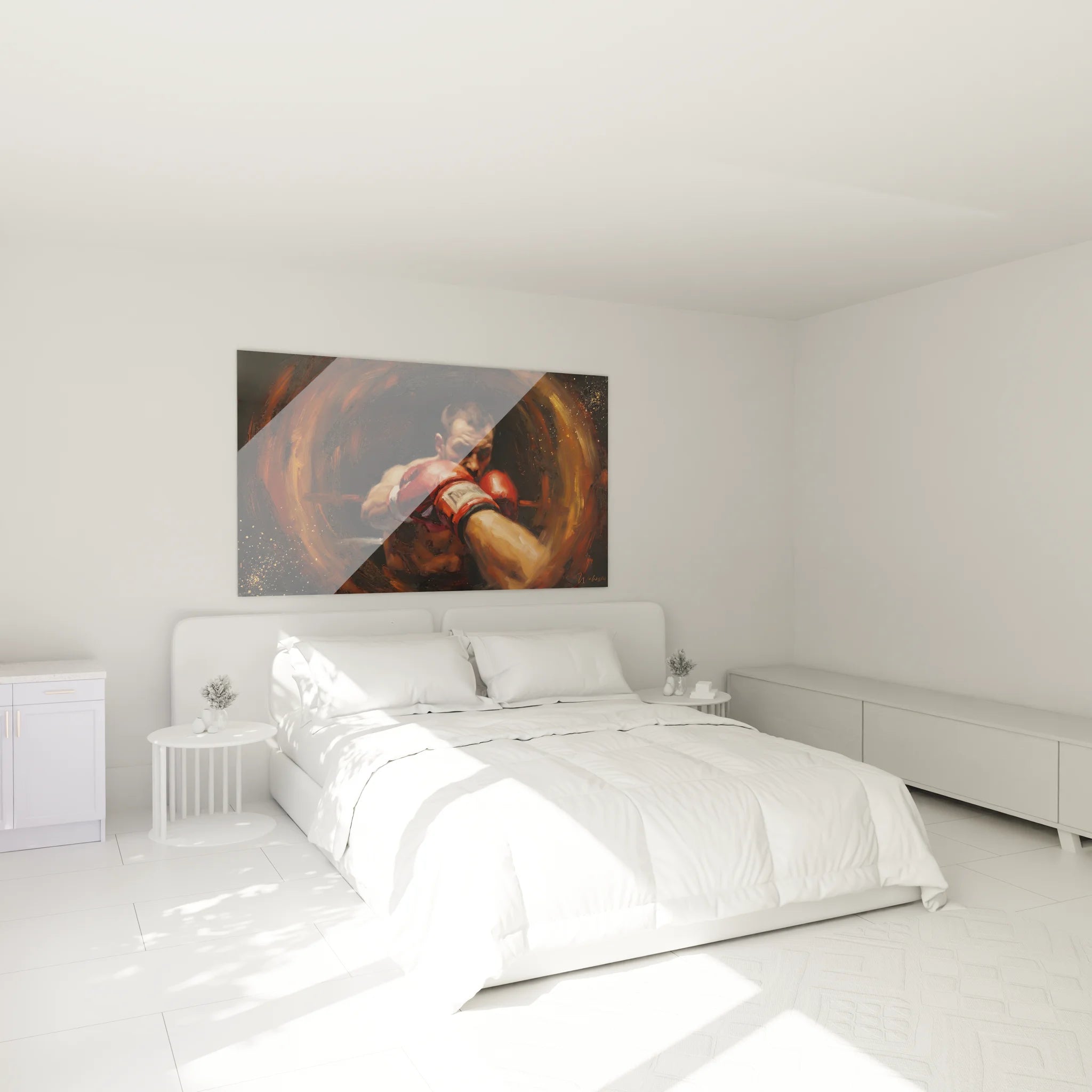 Tableau boxeur décoratif dans chambre moderne, ambiance art mural sport combat